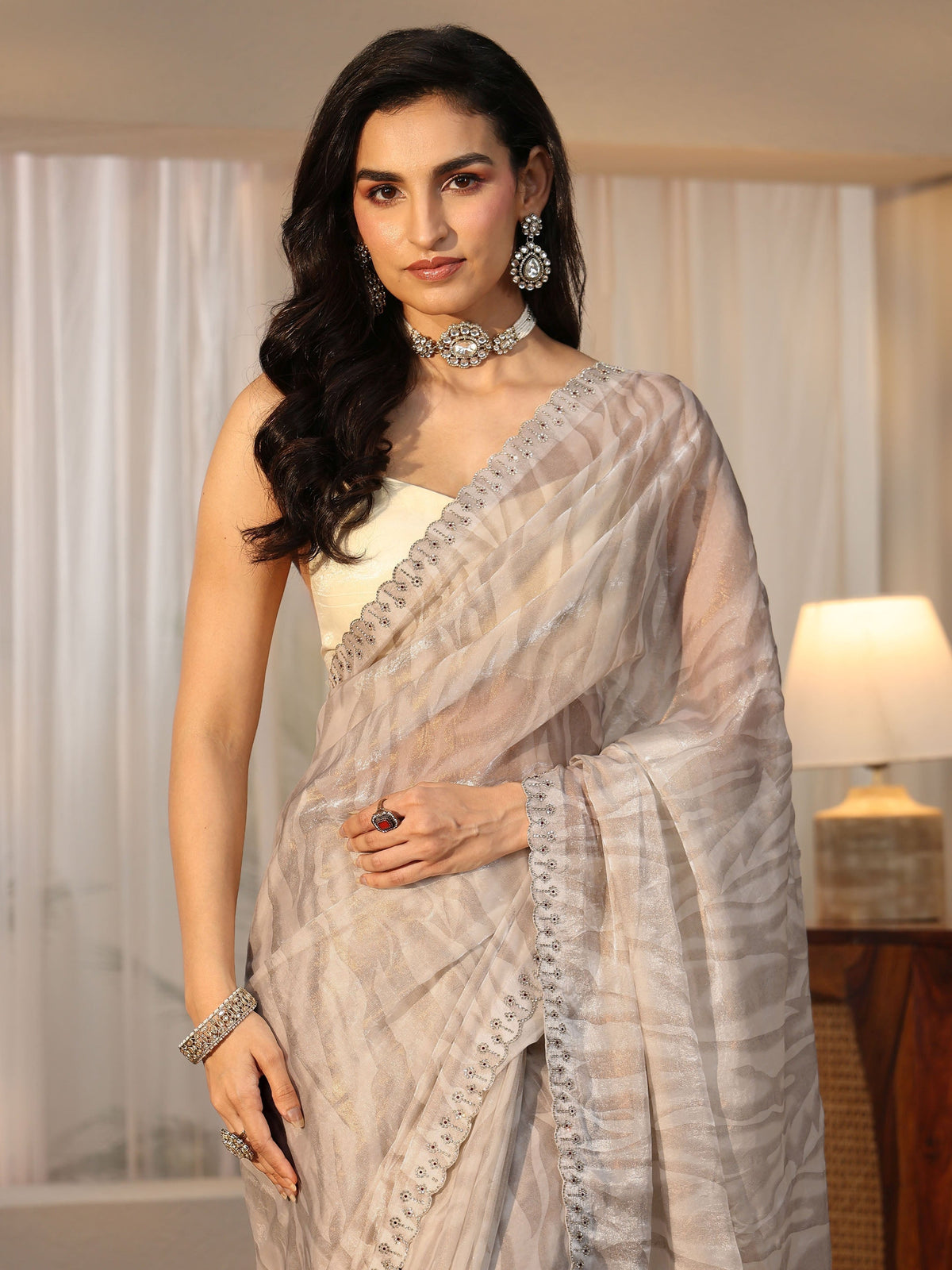 Anouk Off White Wavy Textured Tissue Saree