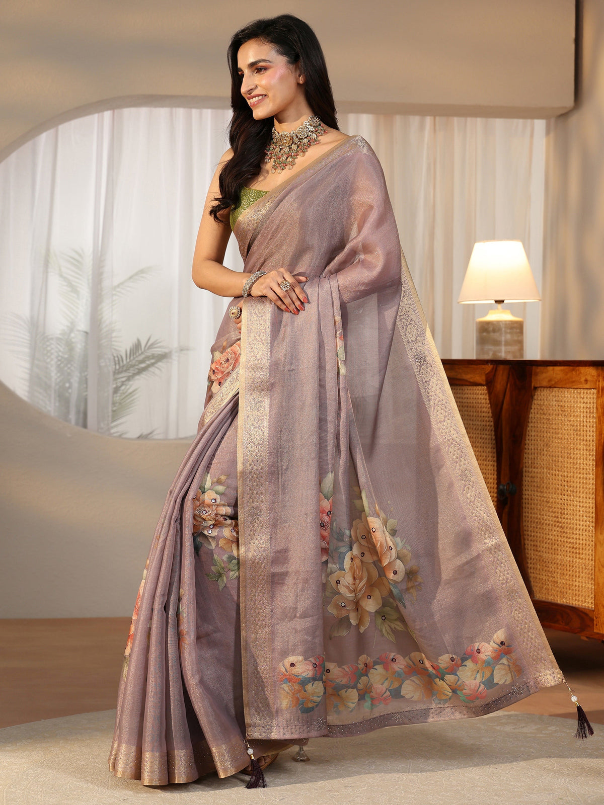 Anouk Lavender Floral Printed Silk Blend Saree with Woven Border