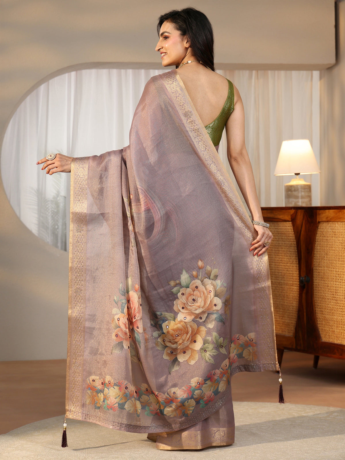 Anouk Lavender Floral Printed Silk Blend Saree with Woven Border