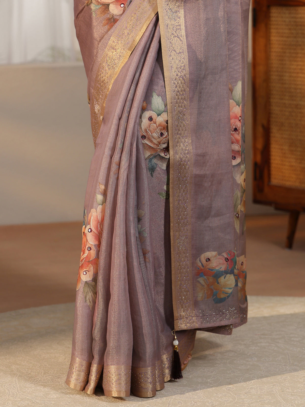 Anouk Lavender Floral Printed Silk Blend Saree with Woven Border