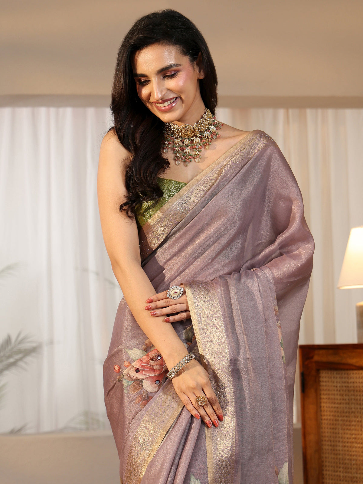 Anouk Lavender Floral Printed Silk Blend Saree with Woven Border