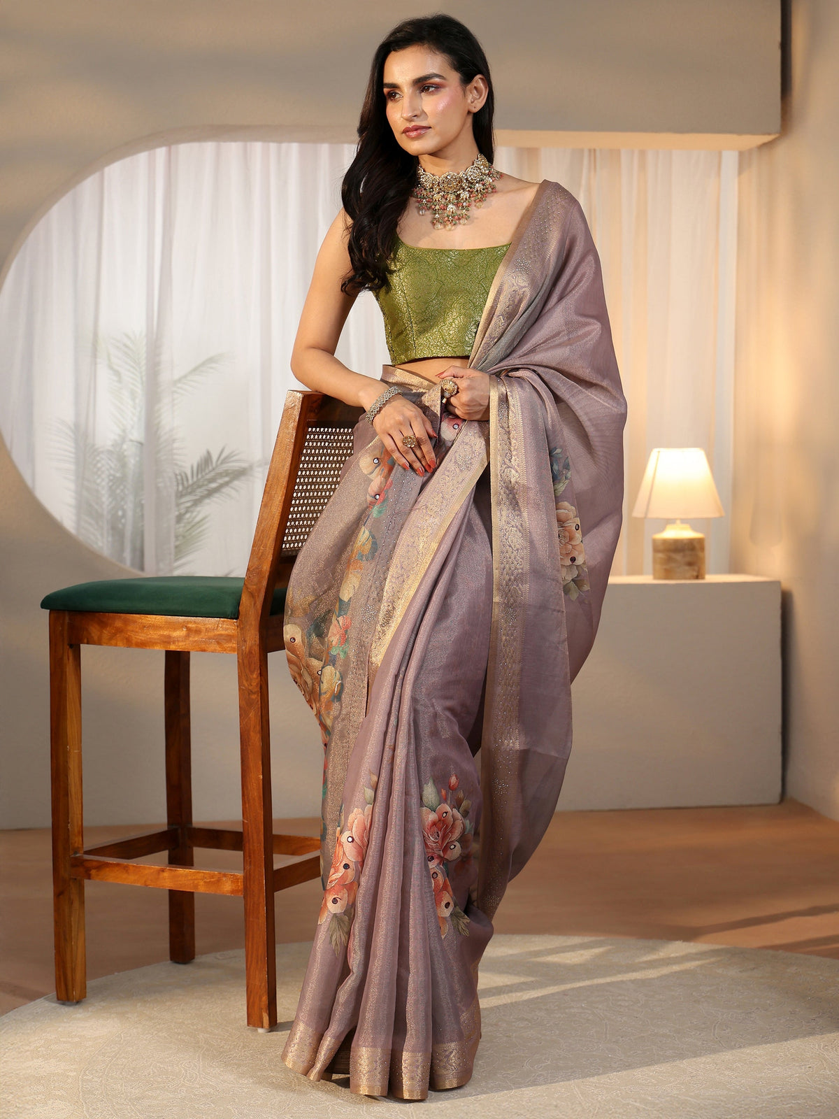 Anouk Lavender Floral Printed Silk Blend Saree with Woven Border