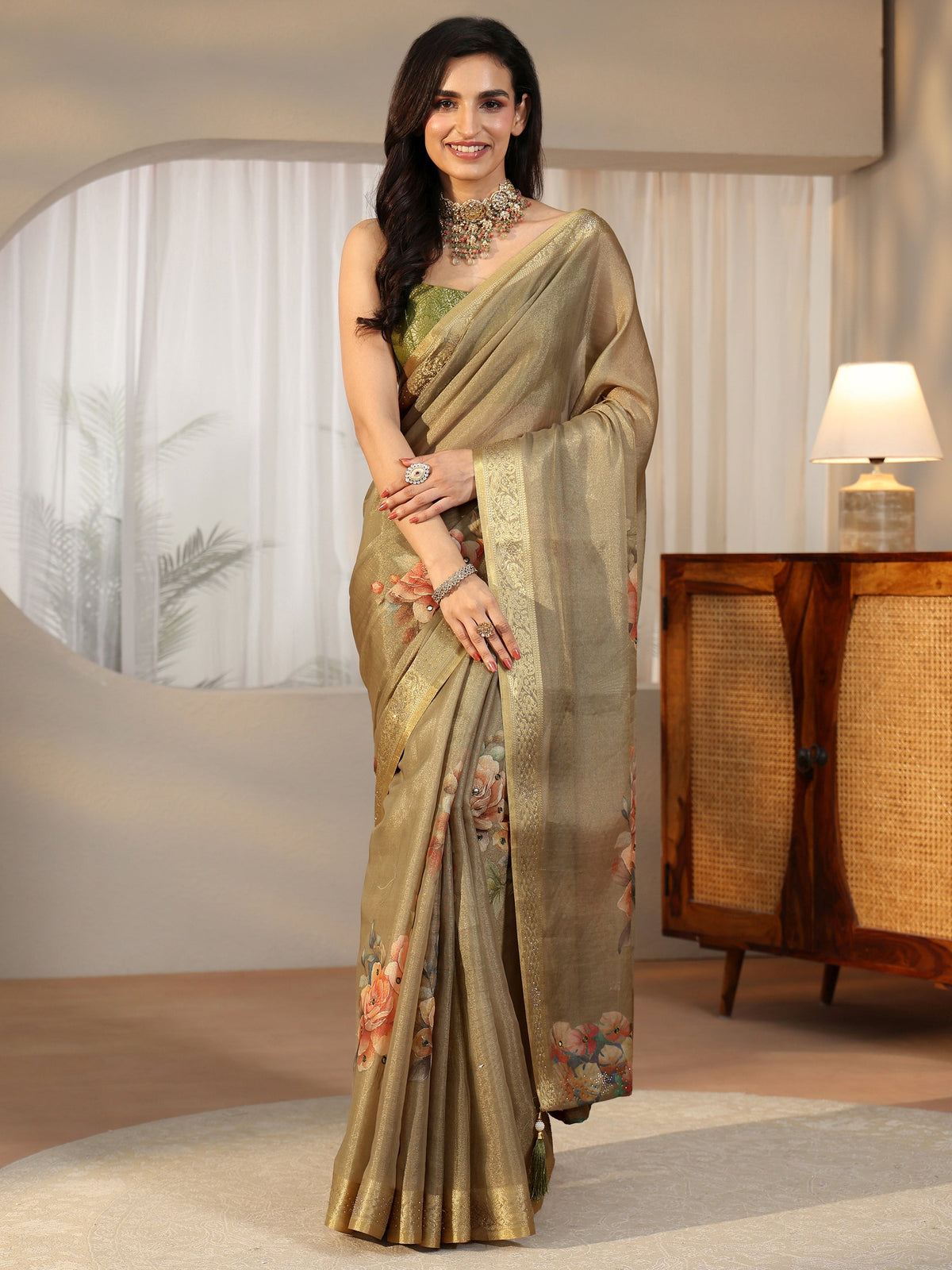 Anouk Dusty Olive Green Floral Printed Silk Blend Saree with Woven Border