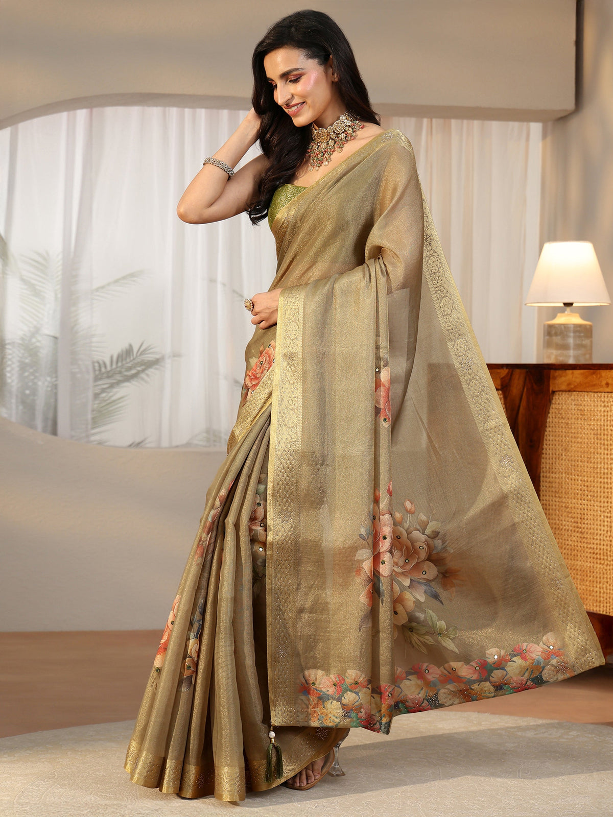 Anouk Dusty Olive Green Floral Printed Silk Blend Saree with Woven Border