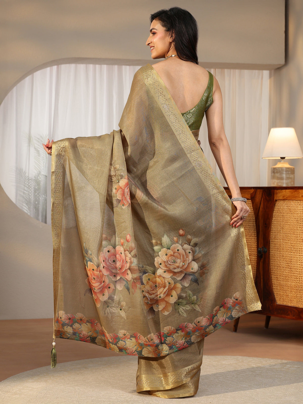 Anouk Dusty Olive Green Floral Printed Silk Blend Saree with Woven Border