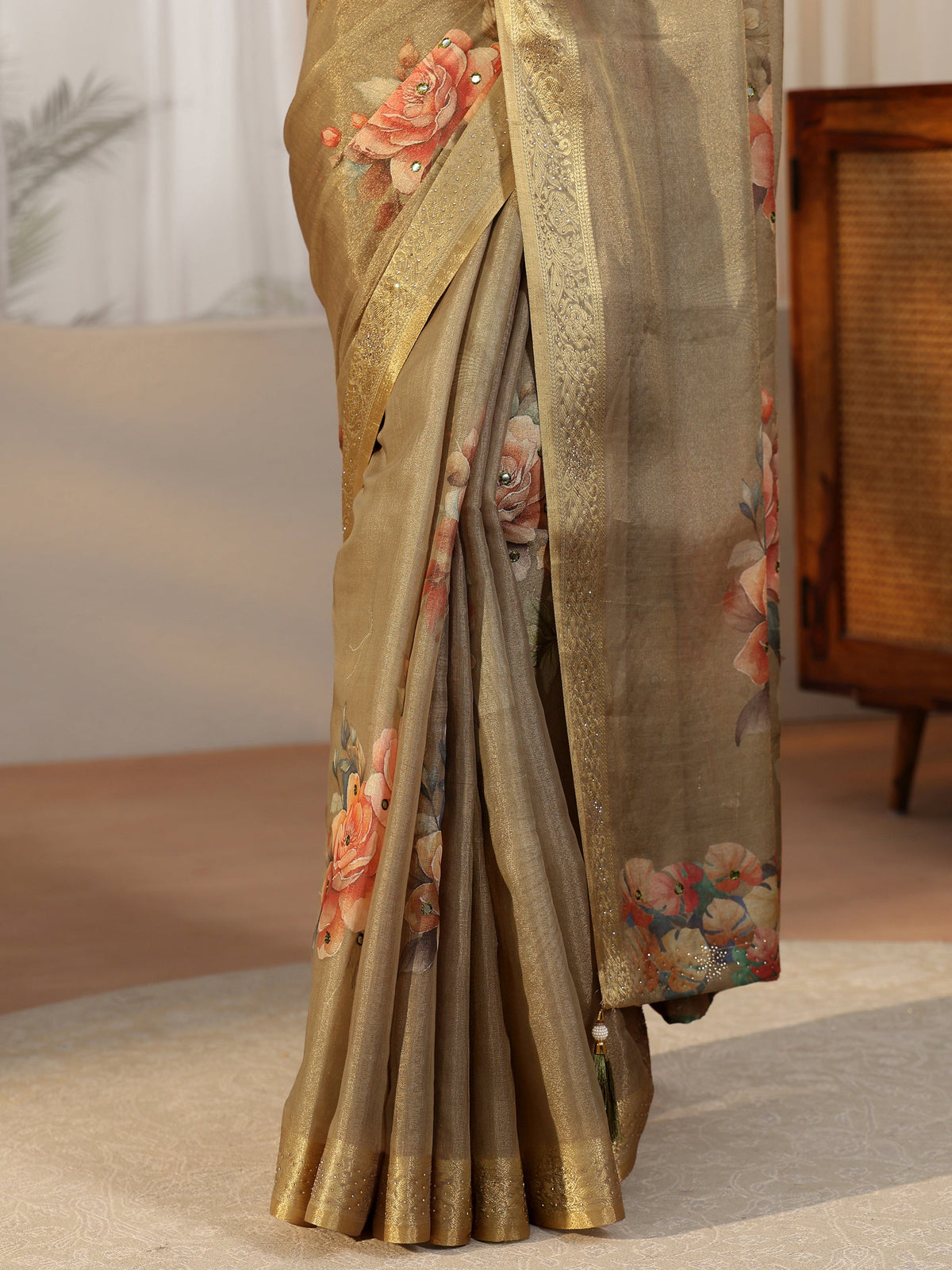 Anouk Dusty Olive Green Floral Printed Silk Blend Saree with Woven Border