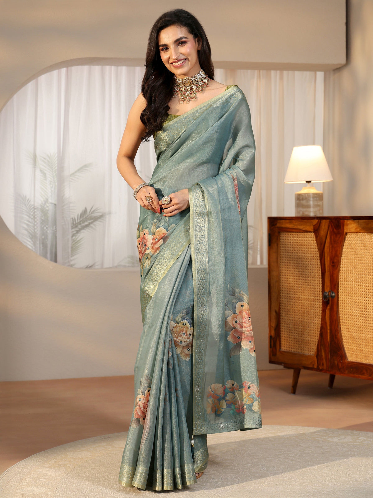 Anouk Dusty Aqua Blue Floral Printed Silk Blend Saree with Woven Border