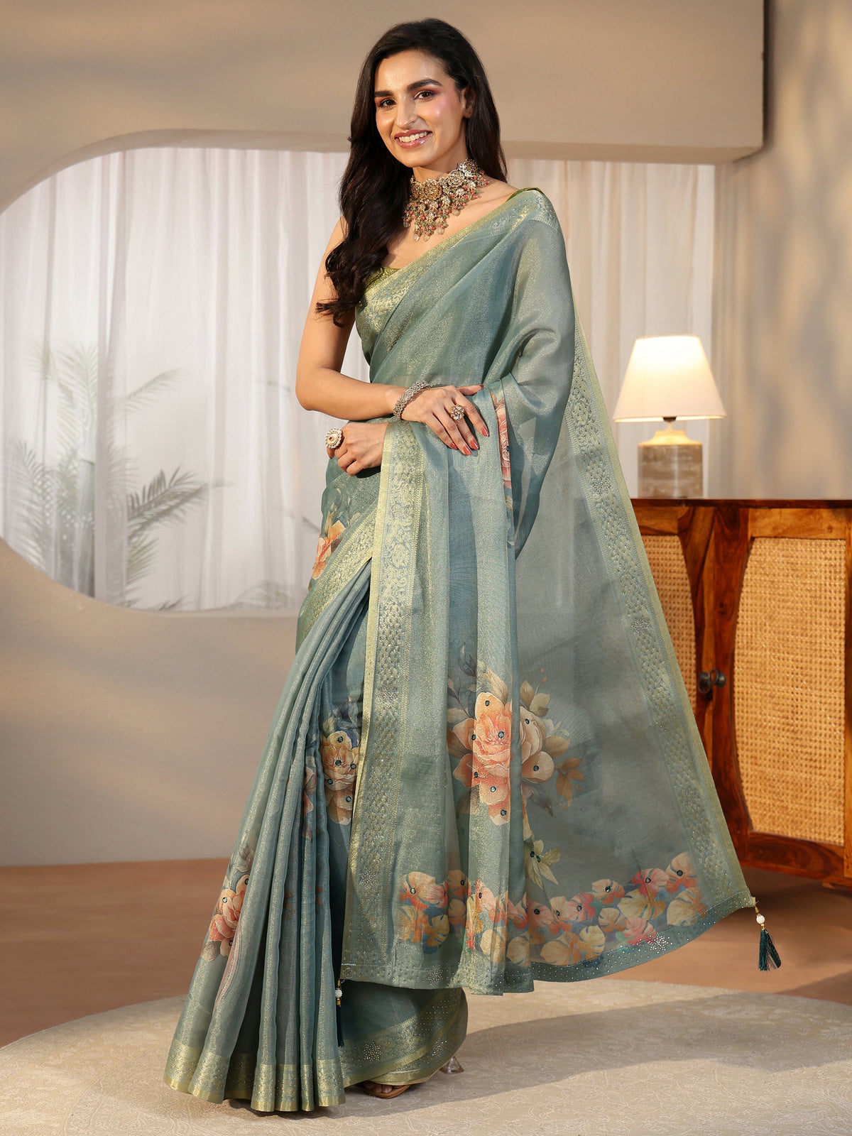 Anouk Dusty Aqua Blue Floral Printed Silk Blend Saree with Woven Border