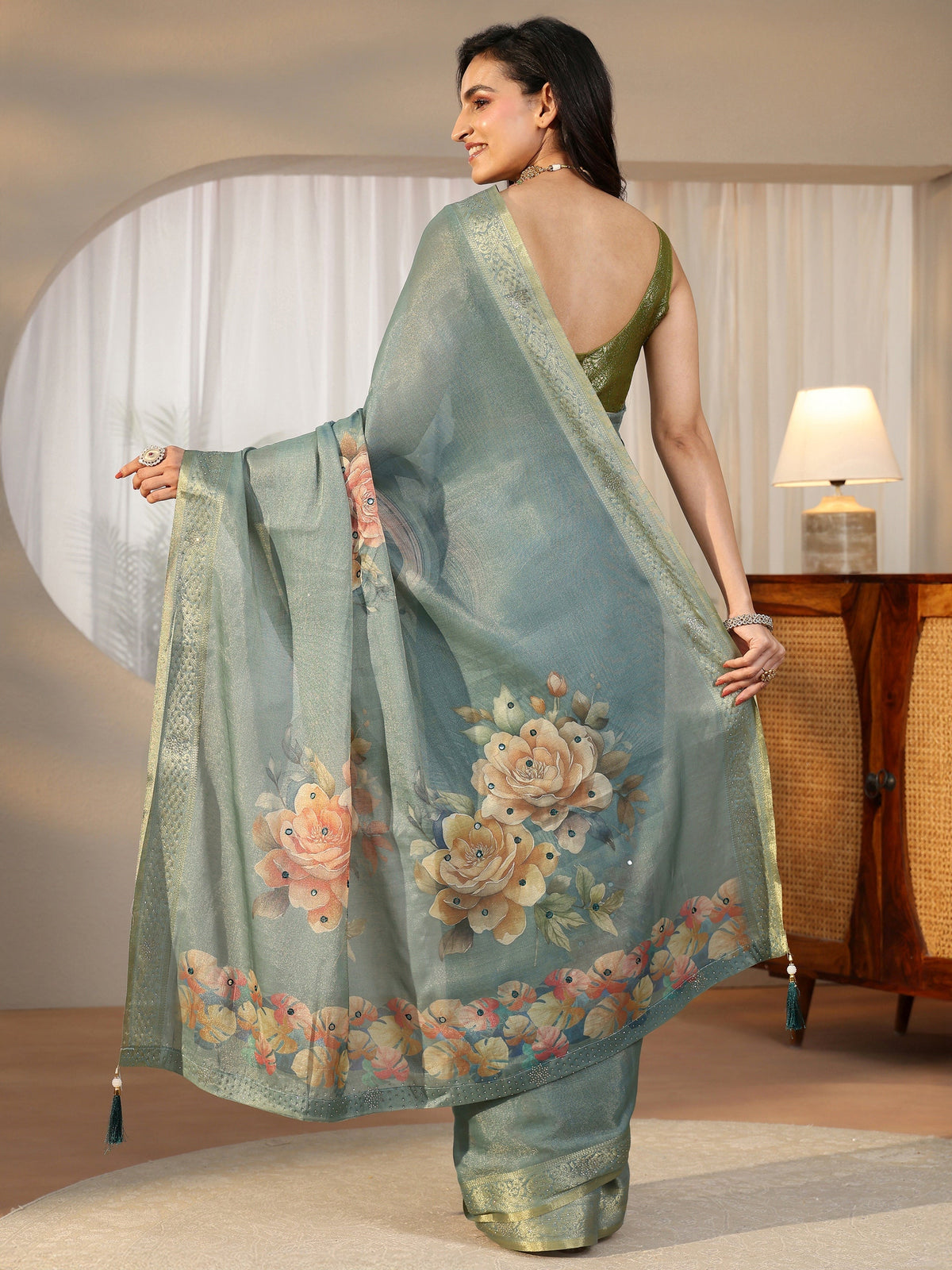 Anouk Dusty Aqua Blue Floral Printed Silk Blend Saree with Woven Border