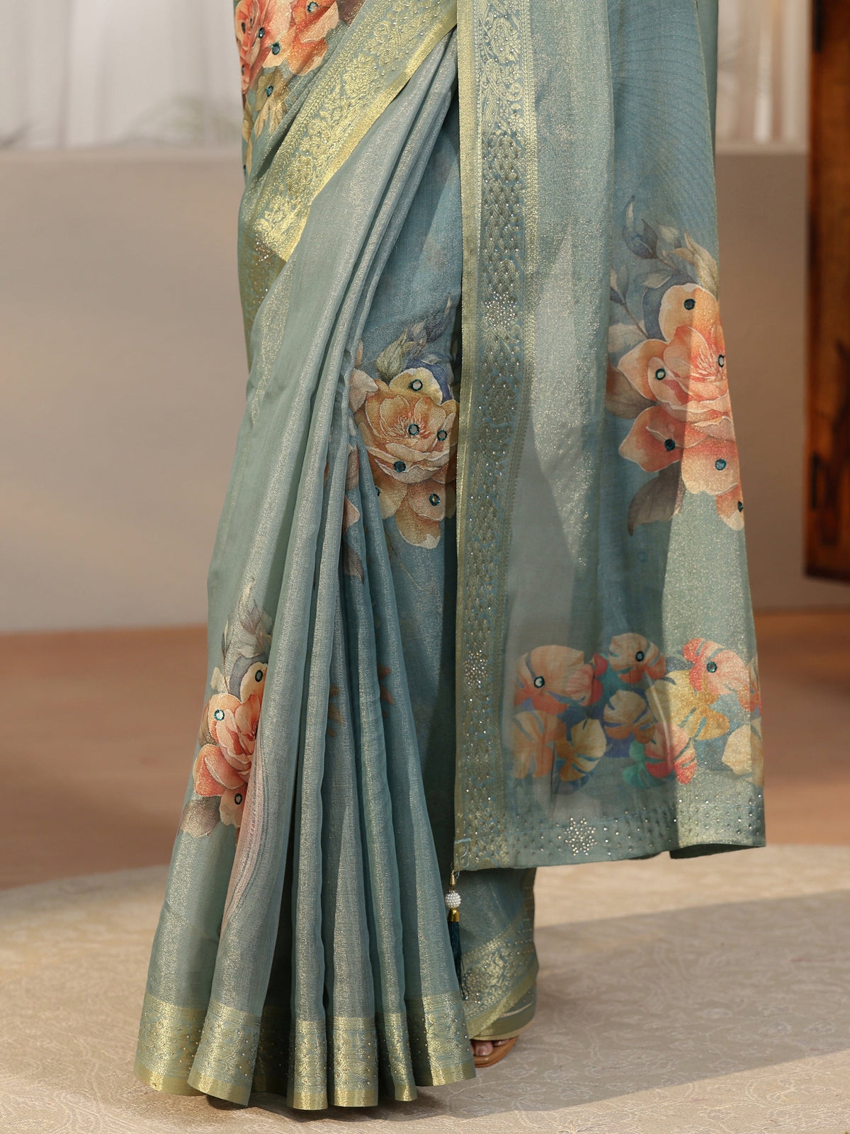 Anouk Dusty Aqua Blue Floral Printed Silk Blend Saree with Woven Border