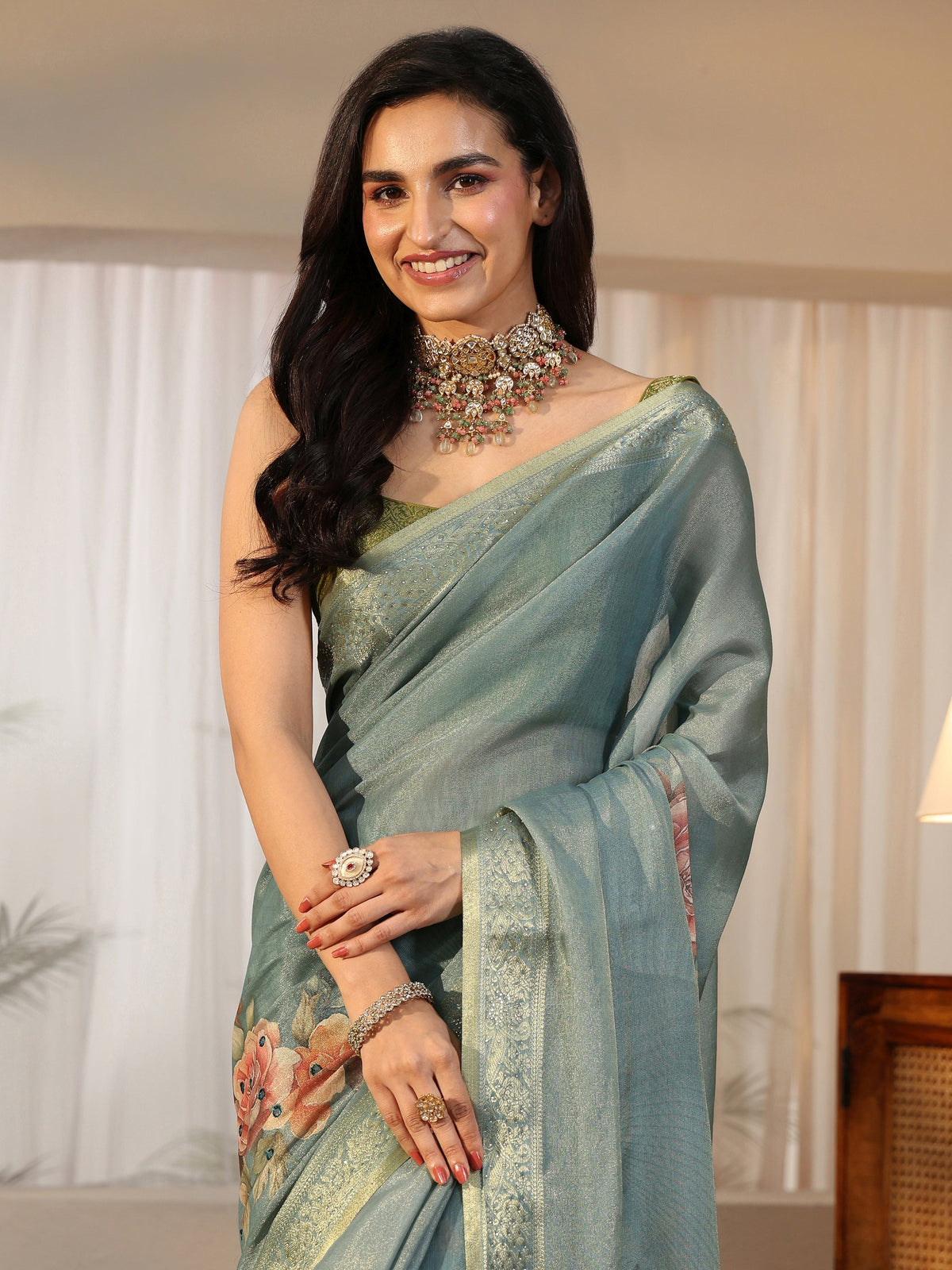 Anouk Dusty Aqua Blue Floral Printed Silk Blend Saree with Woven Border