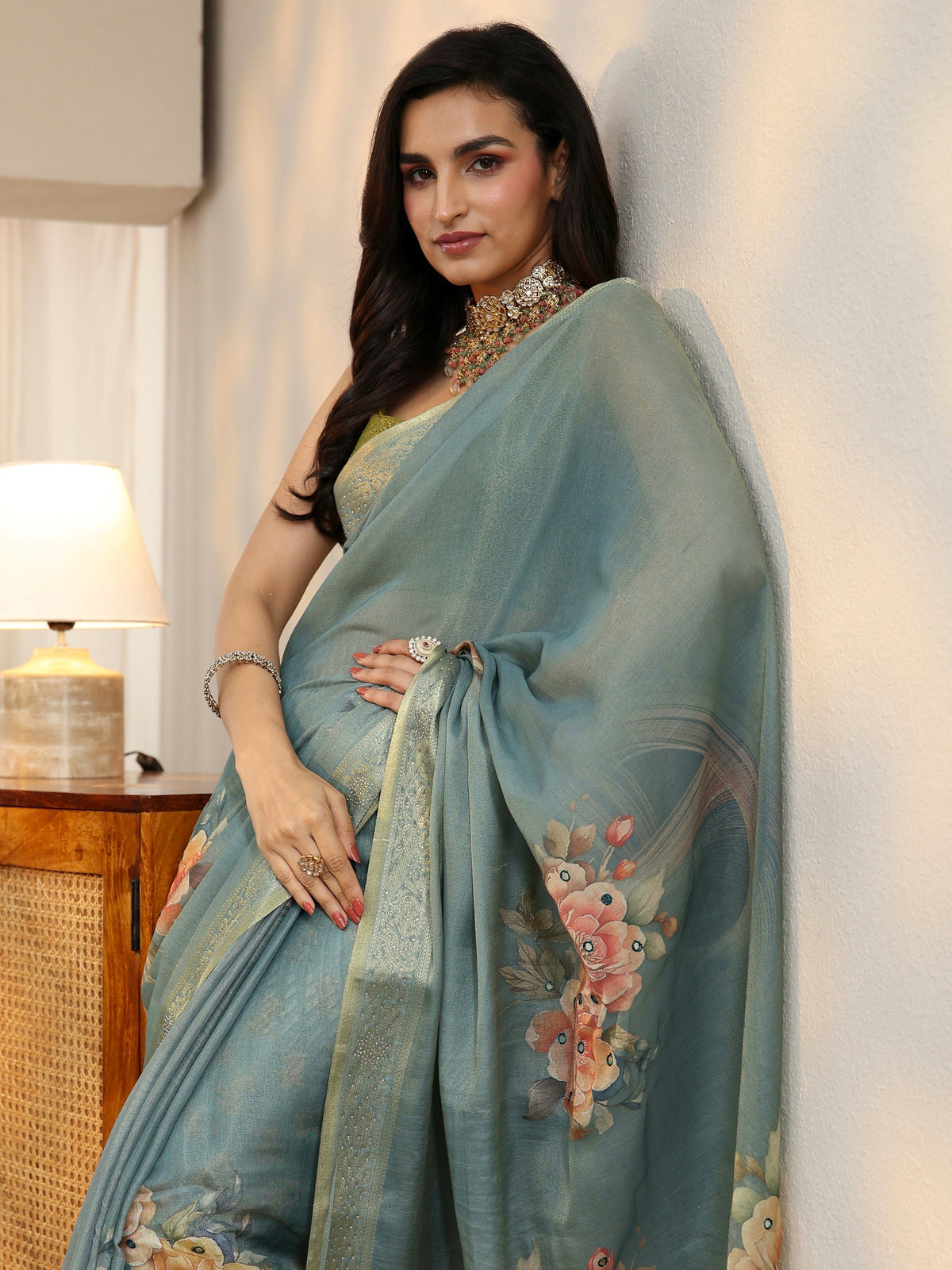 Anouk Dusty Aqua Blue Floral Printed Silk Blend Saree with Woven Border