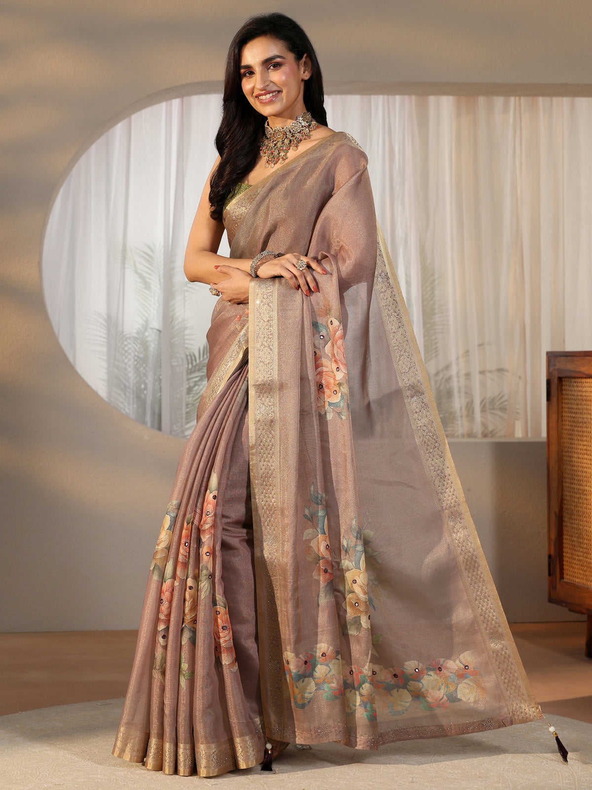 Anouk Mauve Floral Printed Silk Blend Saree with Woven Border