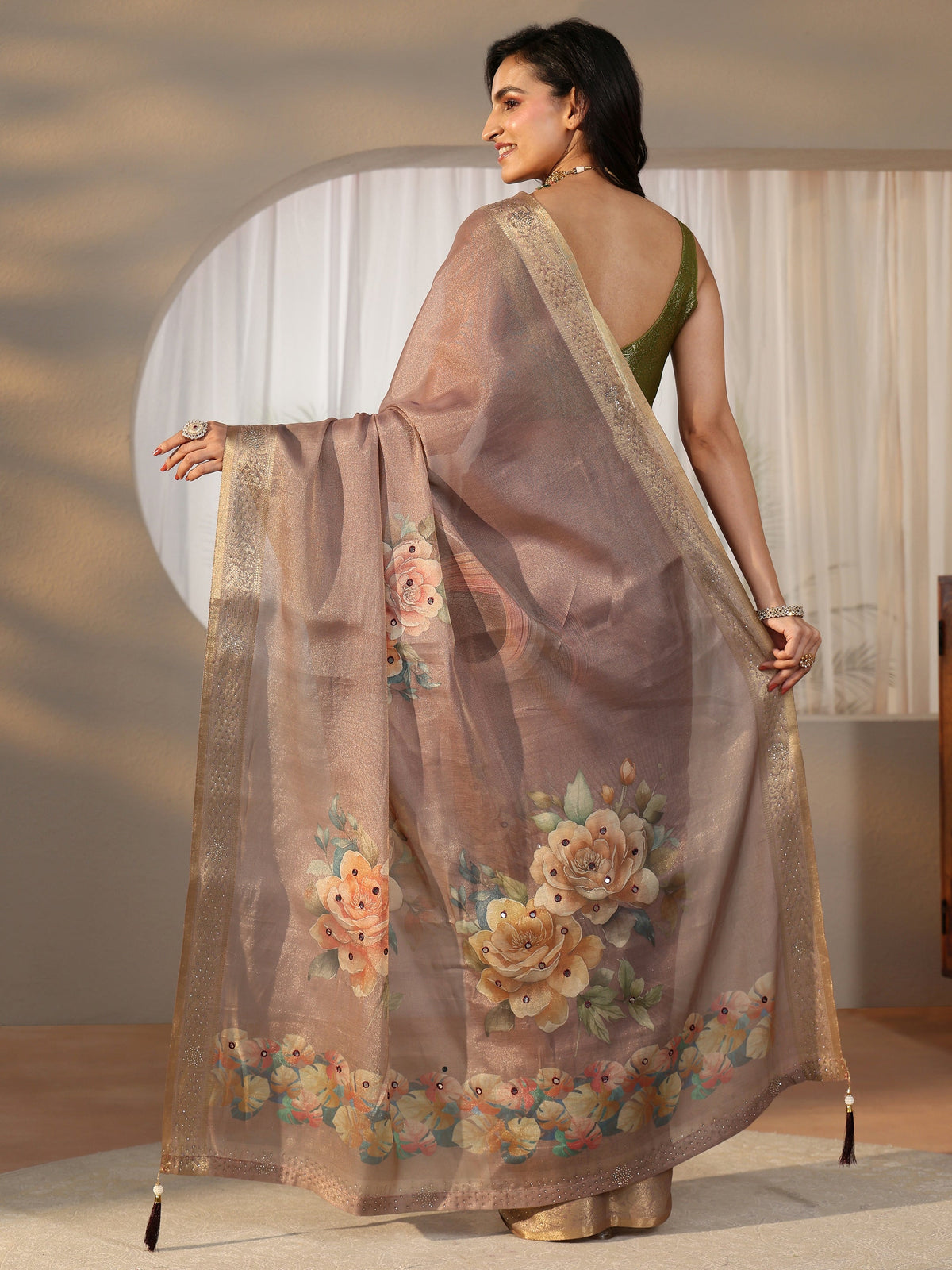 Anouk Mauve Floral Printed Silk Blend Saree with Woven Border
