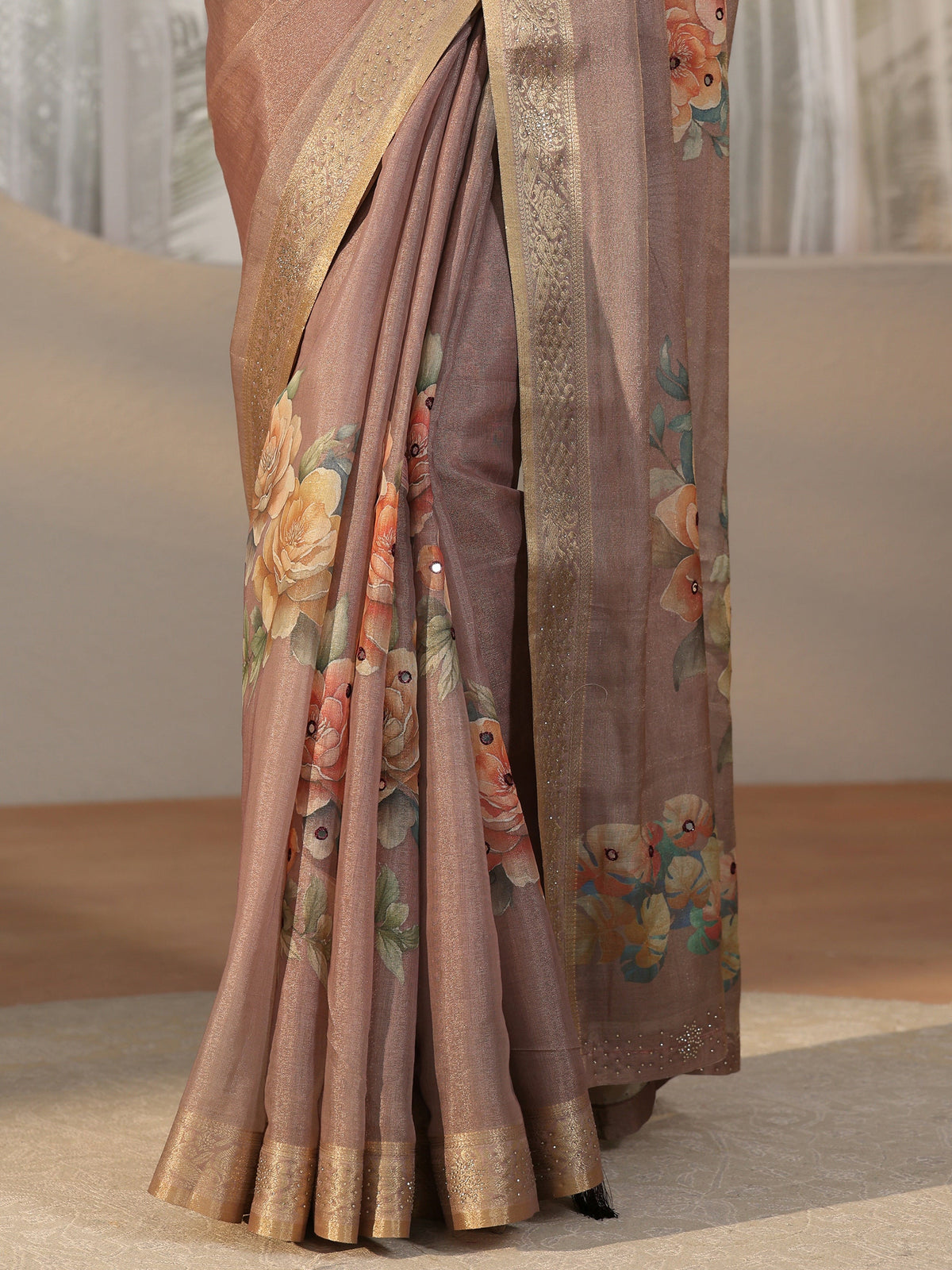 Anouk Mauve Floral Printed Silk Blend Saree with Woven Border
