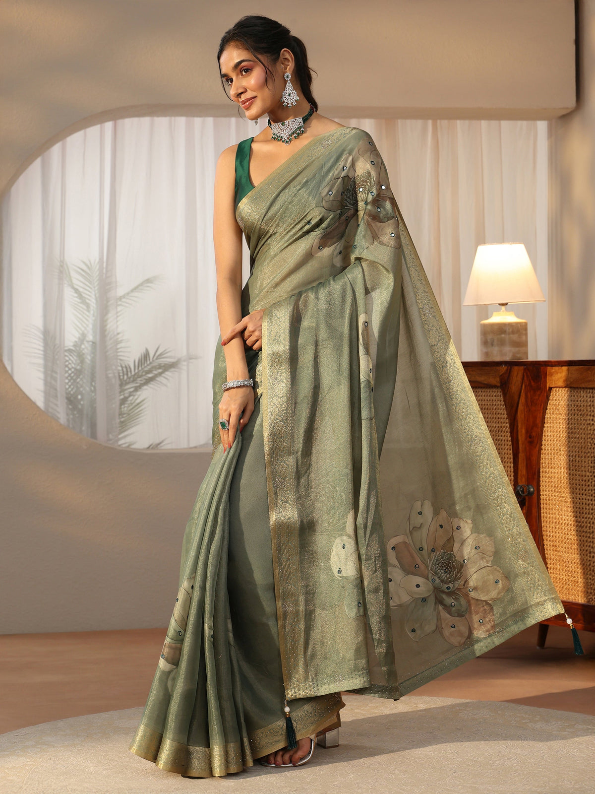 Anouk Sage Green Floral Printed Silk Blend Saree with Woven Border