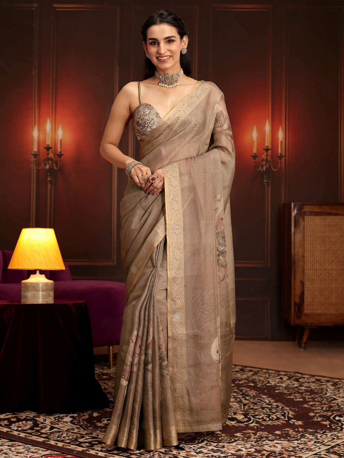 Anouk Brown Floral Printed Silk Blend Saree