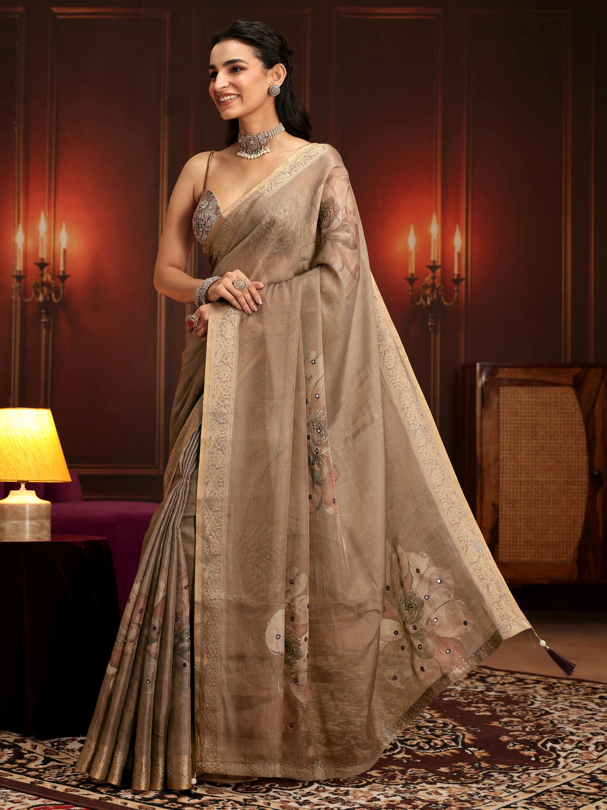Anouk Brown Floral Printed Silk Blend Saree