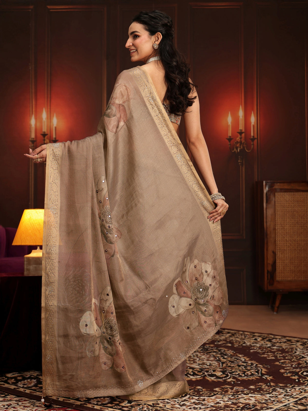 Anouk Brown Floral Printed Silk Blend Saree
