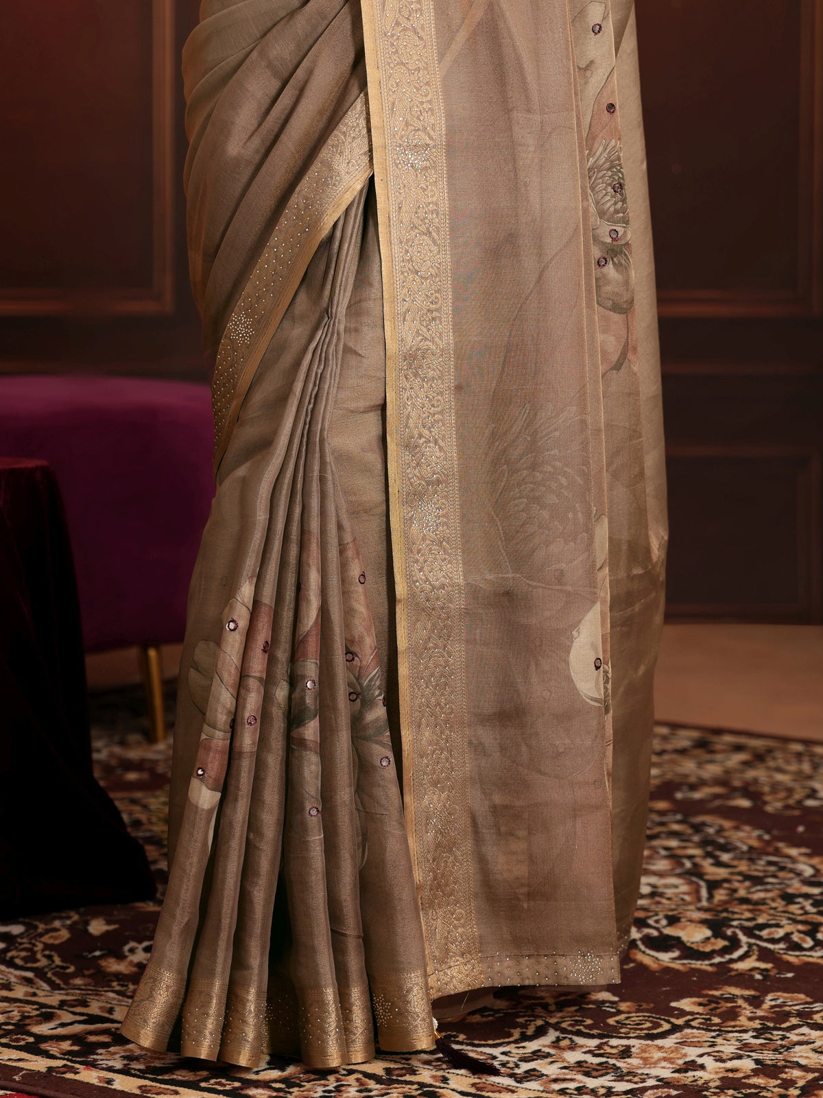 Anouk Brown Floral Printed Silk Blend Saree