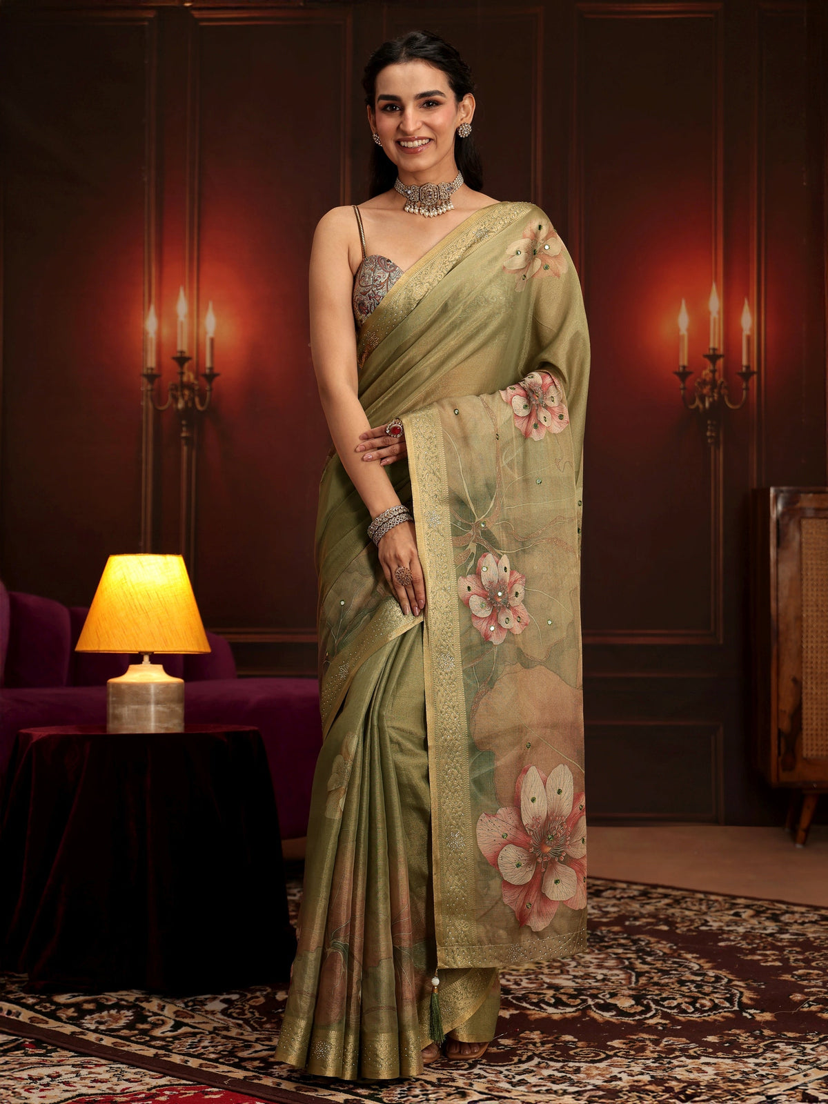Anouk Dusty Olive Green Floral Printed Silk Blend Saree