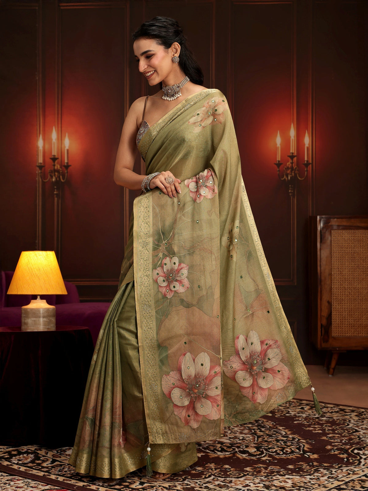 Anouk Dusty Olive Green Floral Printed Silk Blend Saree