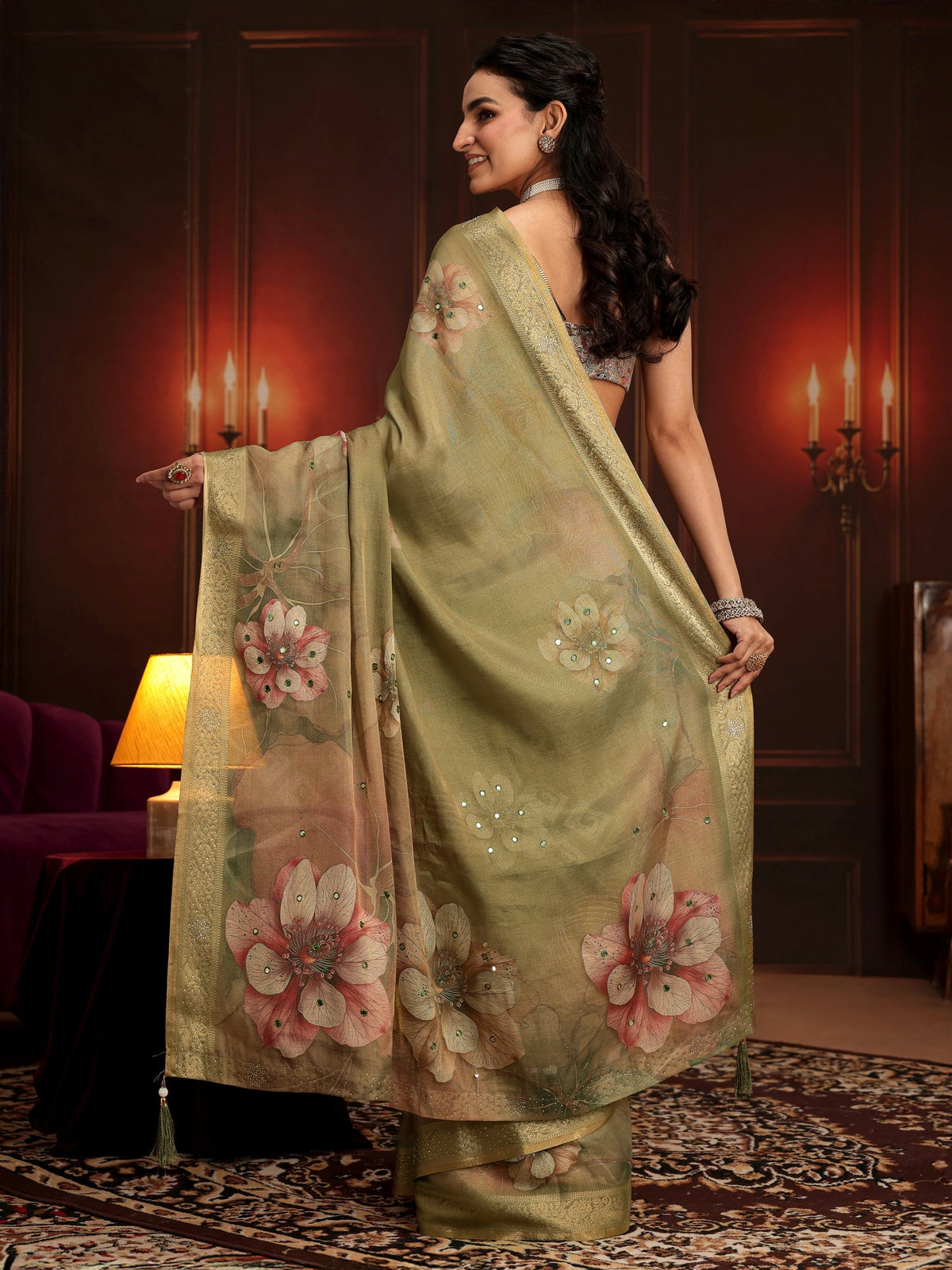 Anouk Dusty Olive Green Floral Printed Silk Blend Saree