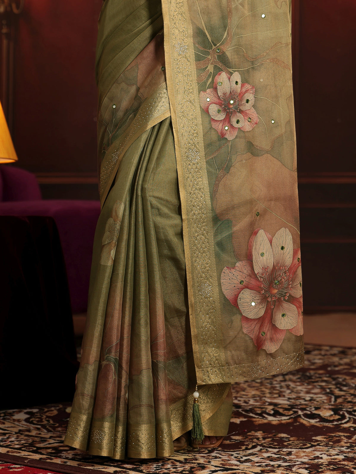 Anouk Dusty Olive Green Floral Printed Silk Blend Saree