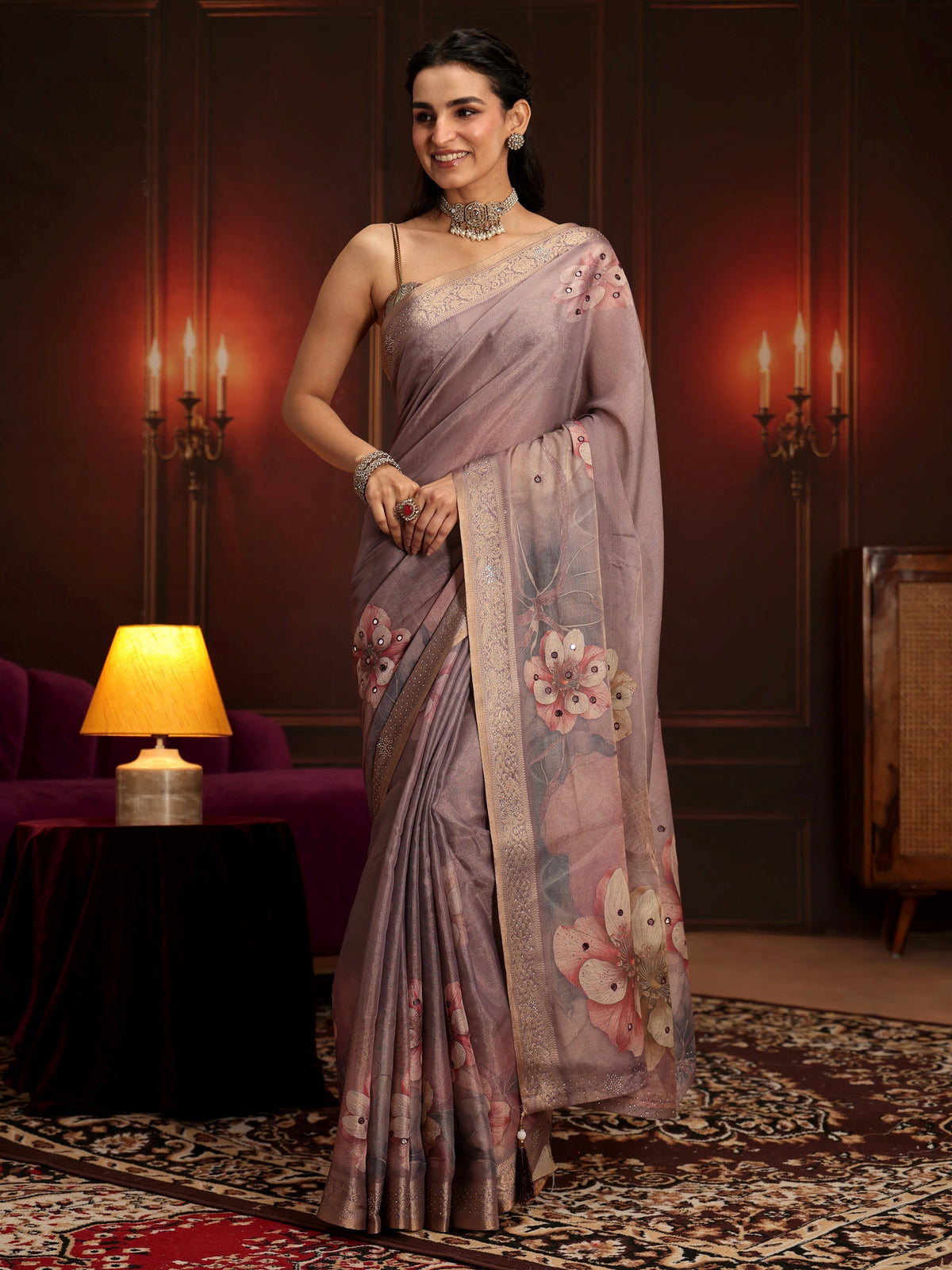 Anouk Dusty Lilac Floral Printed Silk Blend Saree