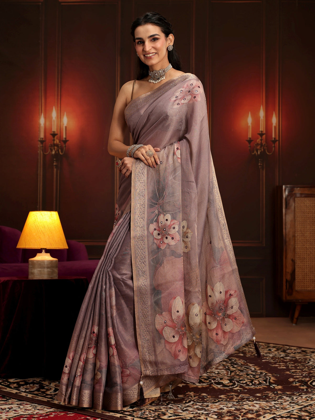 Anouk Dusty Lilac Floral Printed Silk Blend Saree
