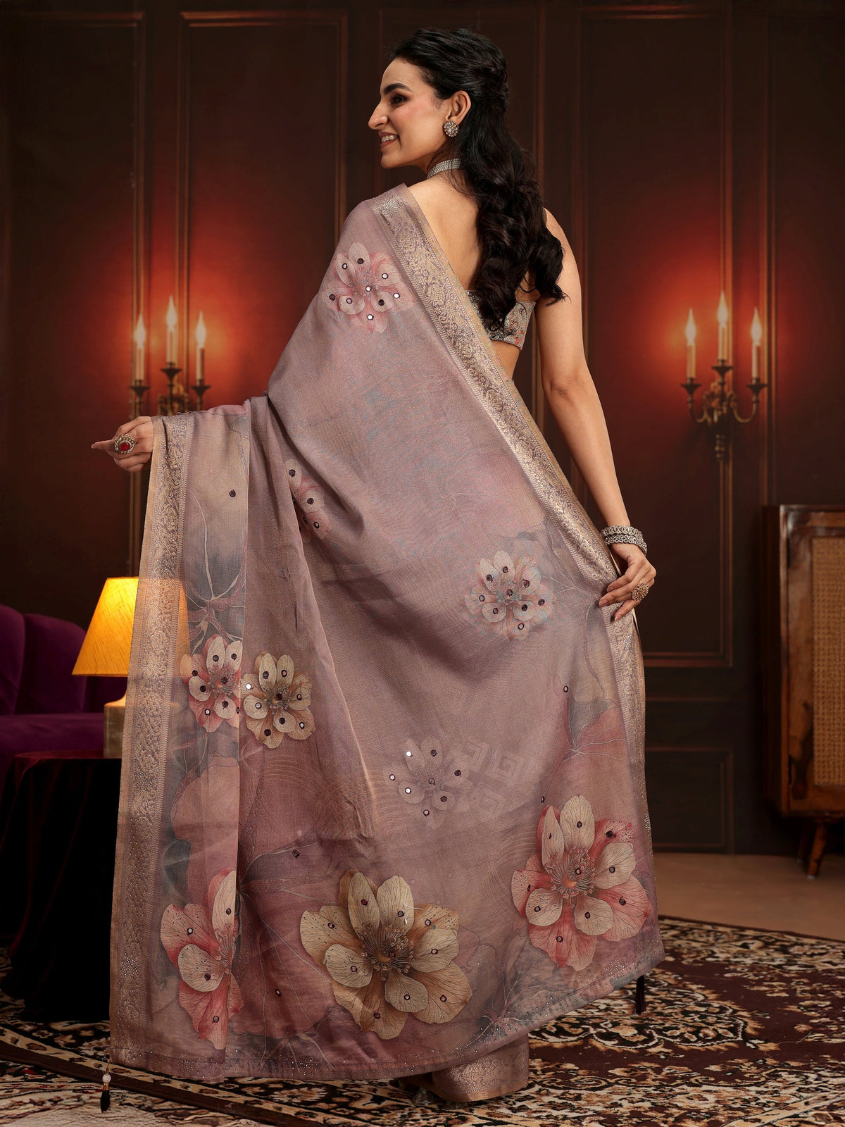 Anouk Dusty Lilac Floral Printed Silk Blend Saree