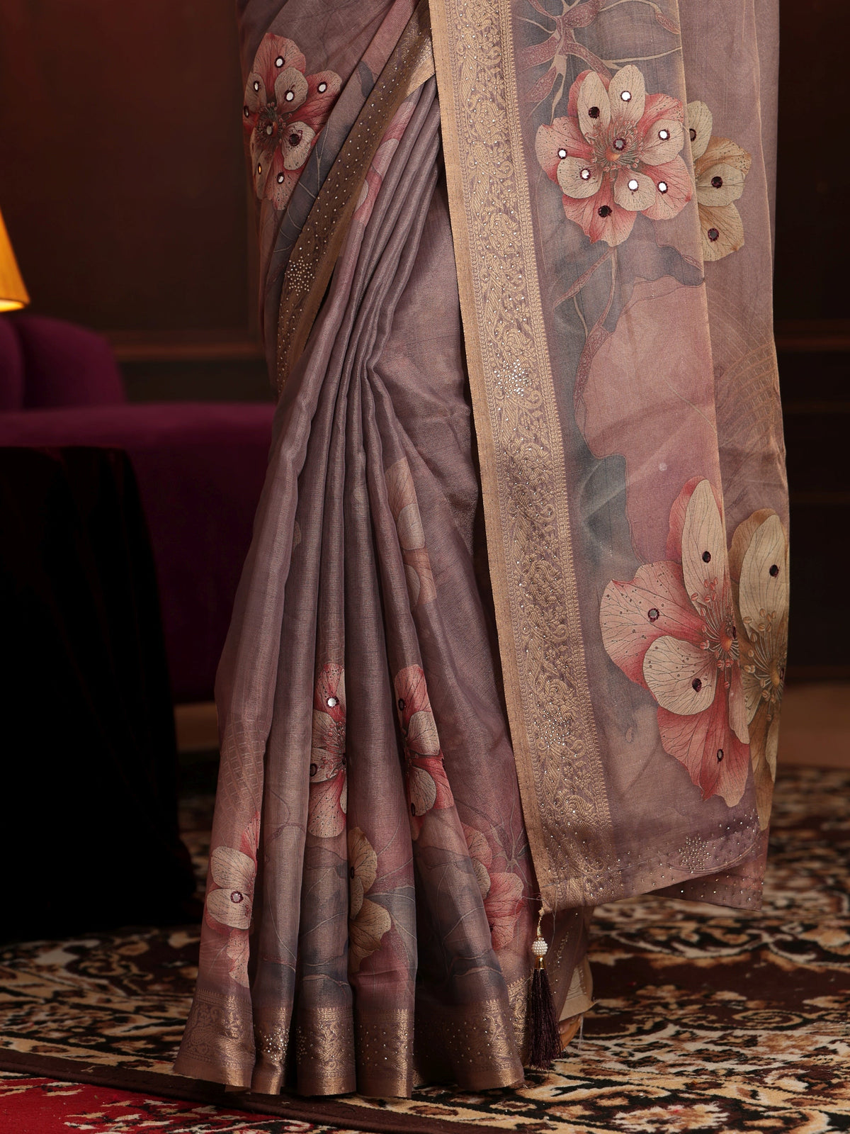 Anouk Dusty Lilac Floral Printed Silk Blend Saree