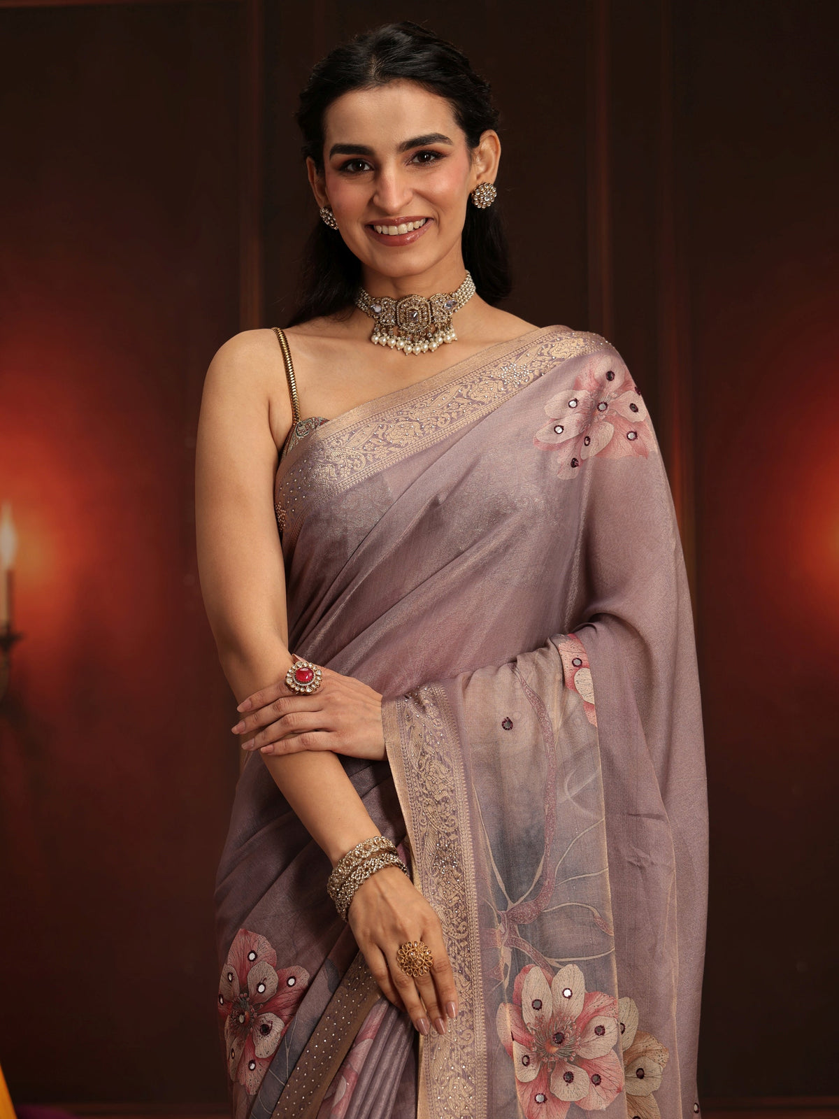 Anouk Dusty Lilac Floral Printed Silk Blend Saree