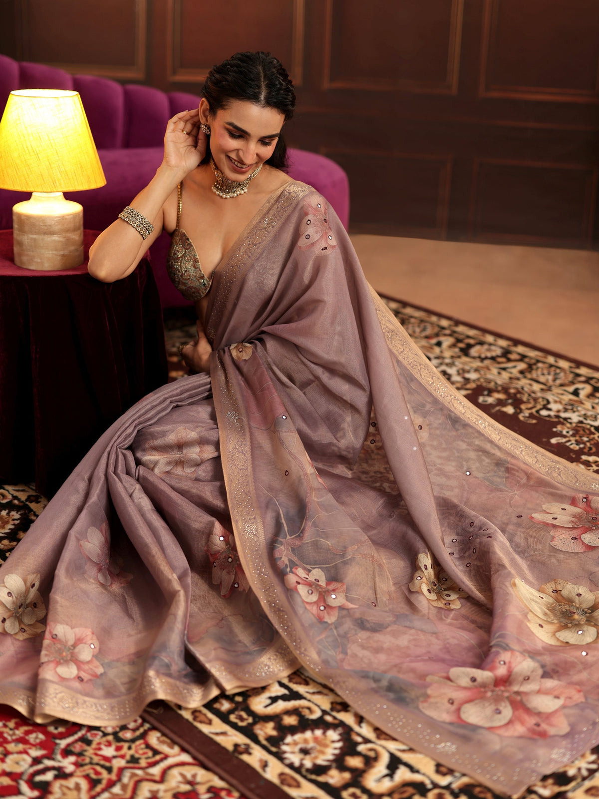 Anouk Dusty Lilac Floral Printed Silk Blend Saree