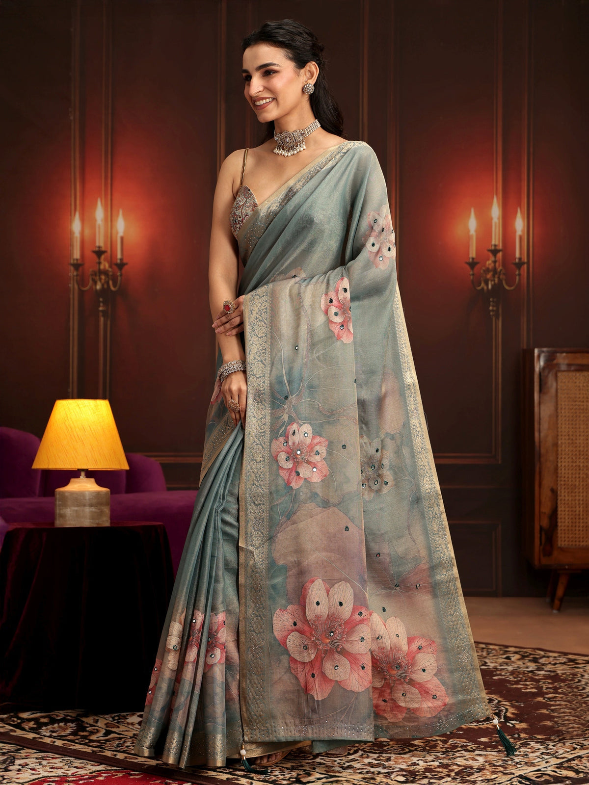 Anouk Dusty Green Floral Printed Silk Blend Saree