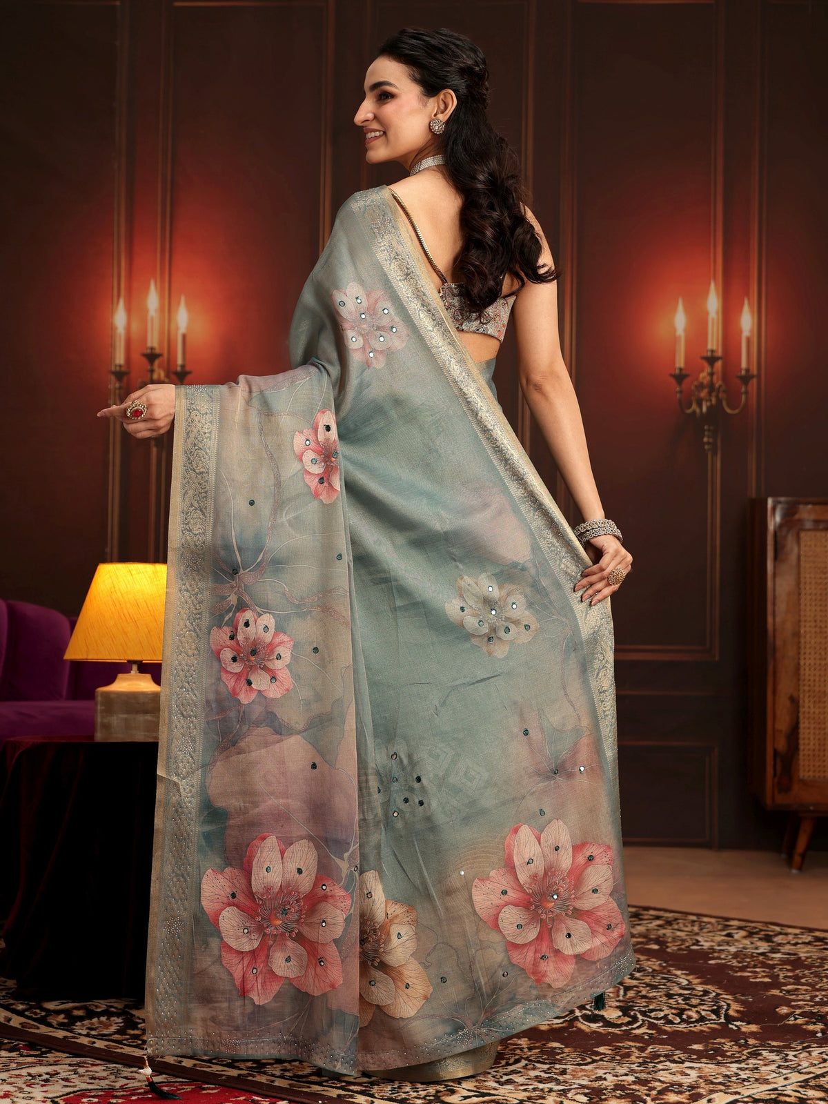 Anouk Dusty Green Floral Printed Silk Blend Saree