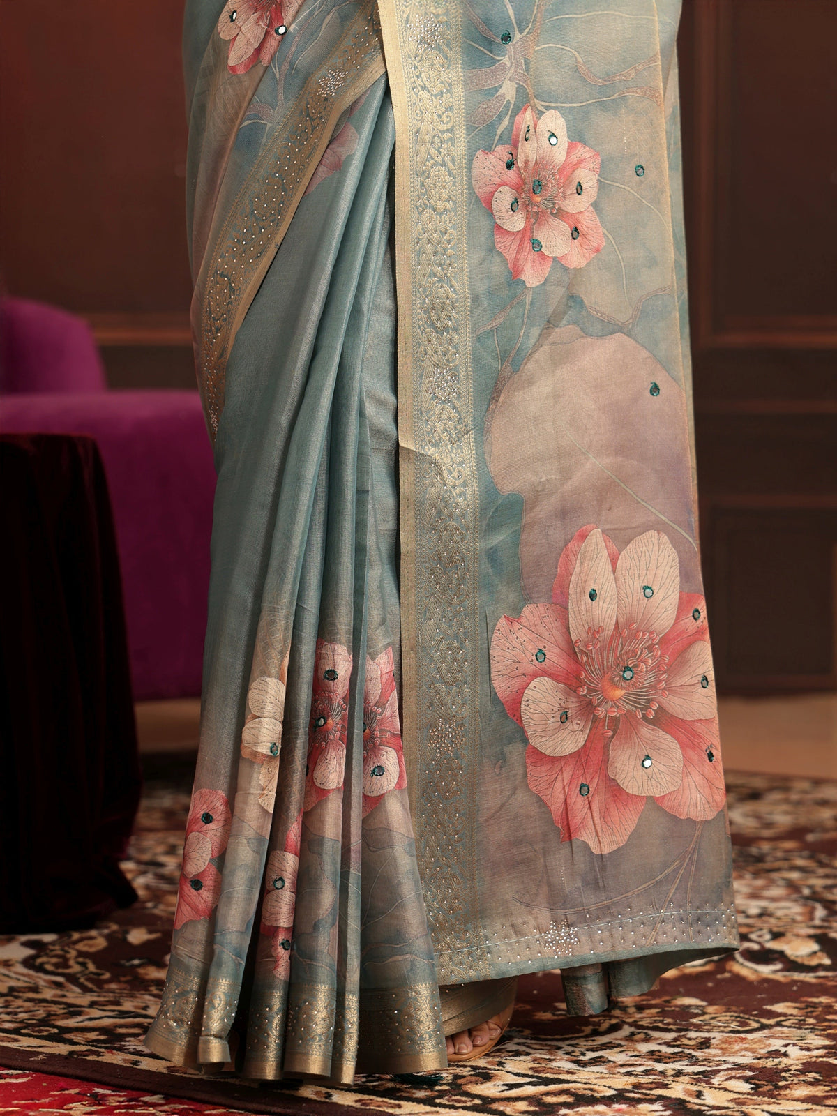 Anouk Dusty Green Floral Printed Silk Blend Saree
