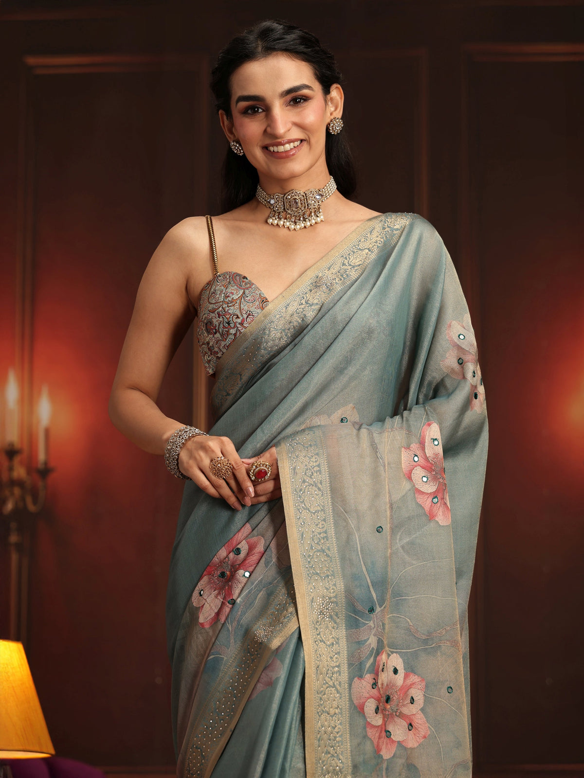 Anouk Dusty Green Floral Printed Silk Blend Saree