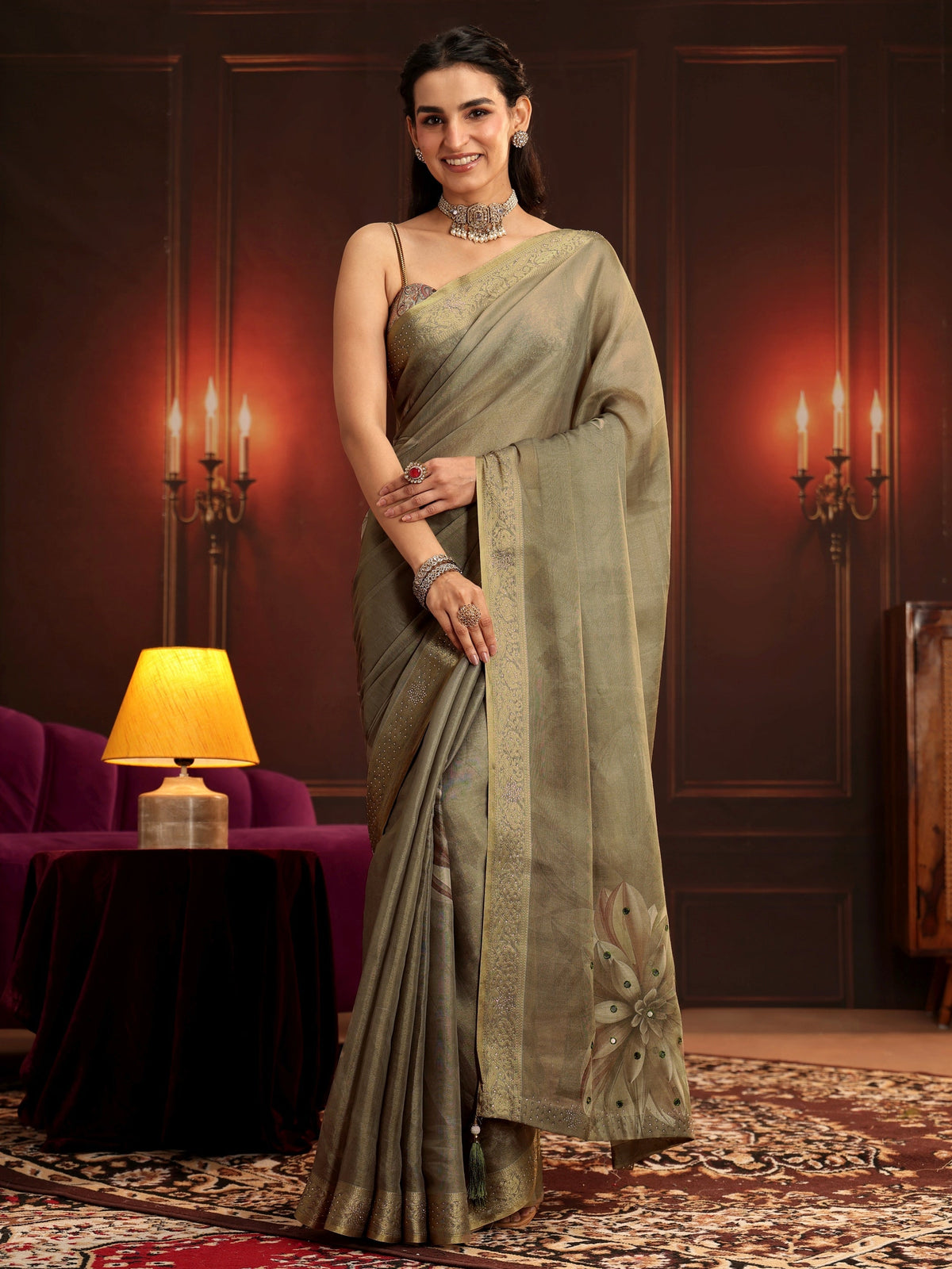 Anouk Dusty Olive Green Floral Printed Silk Blend Saree