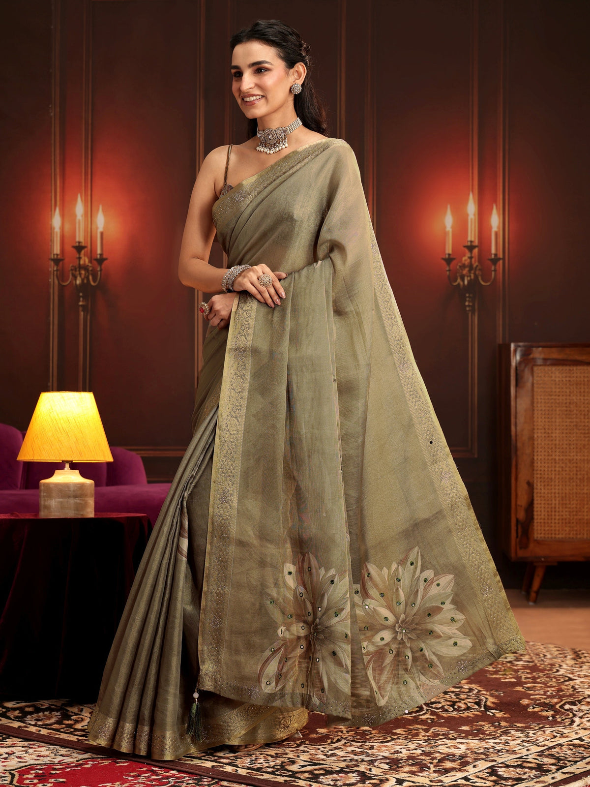 Anouk Dusty Olive Green Floral Printed Silk Blend Saree