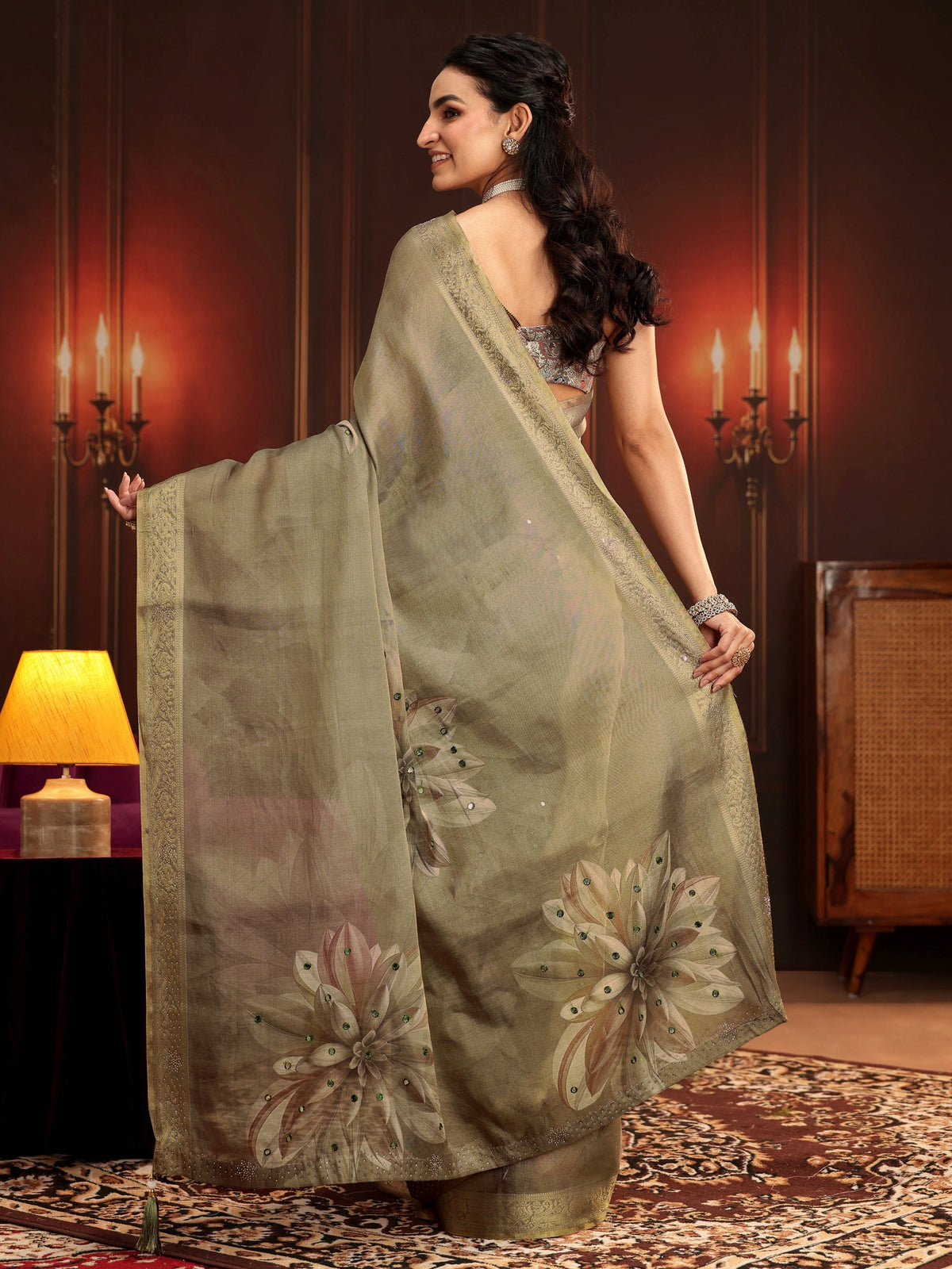Anouk Dusty Olive Green Floral Printed Silk Blend Saree