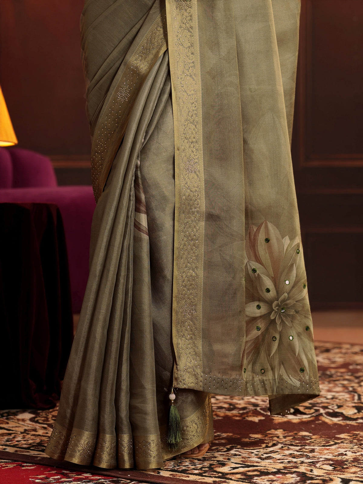 Anouk Dusty Olive Green Floral Printed Silk Blend Saree
