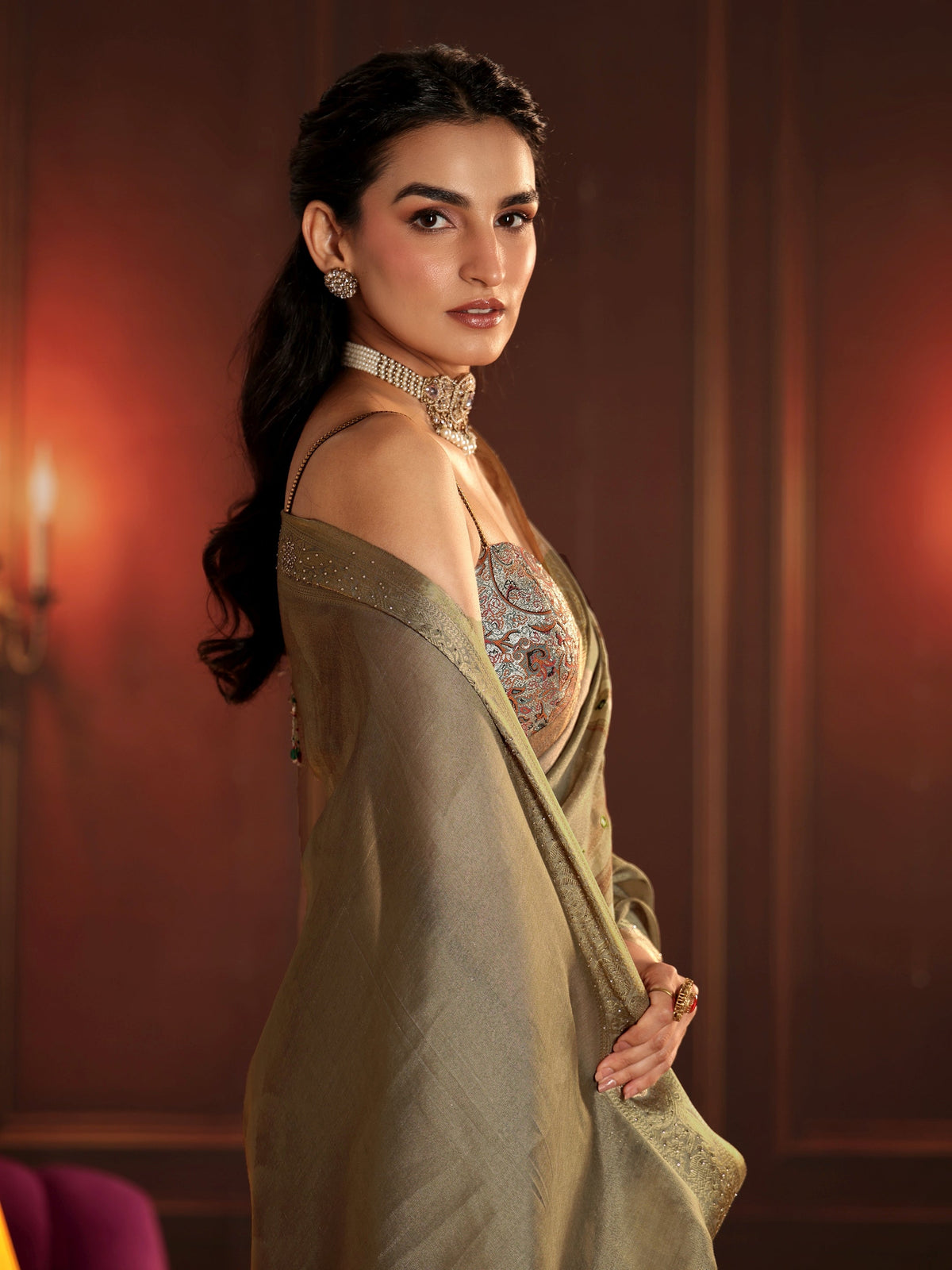 Anouk Dusty Olive Green Floral Printed Silk Blend Saree