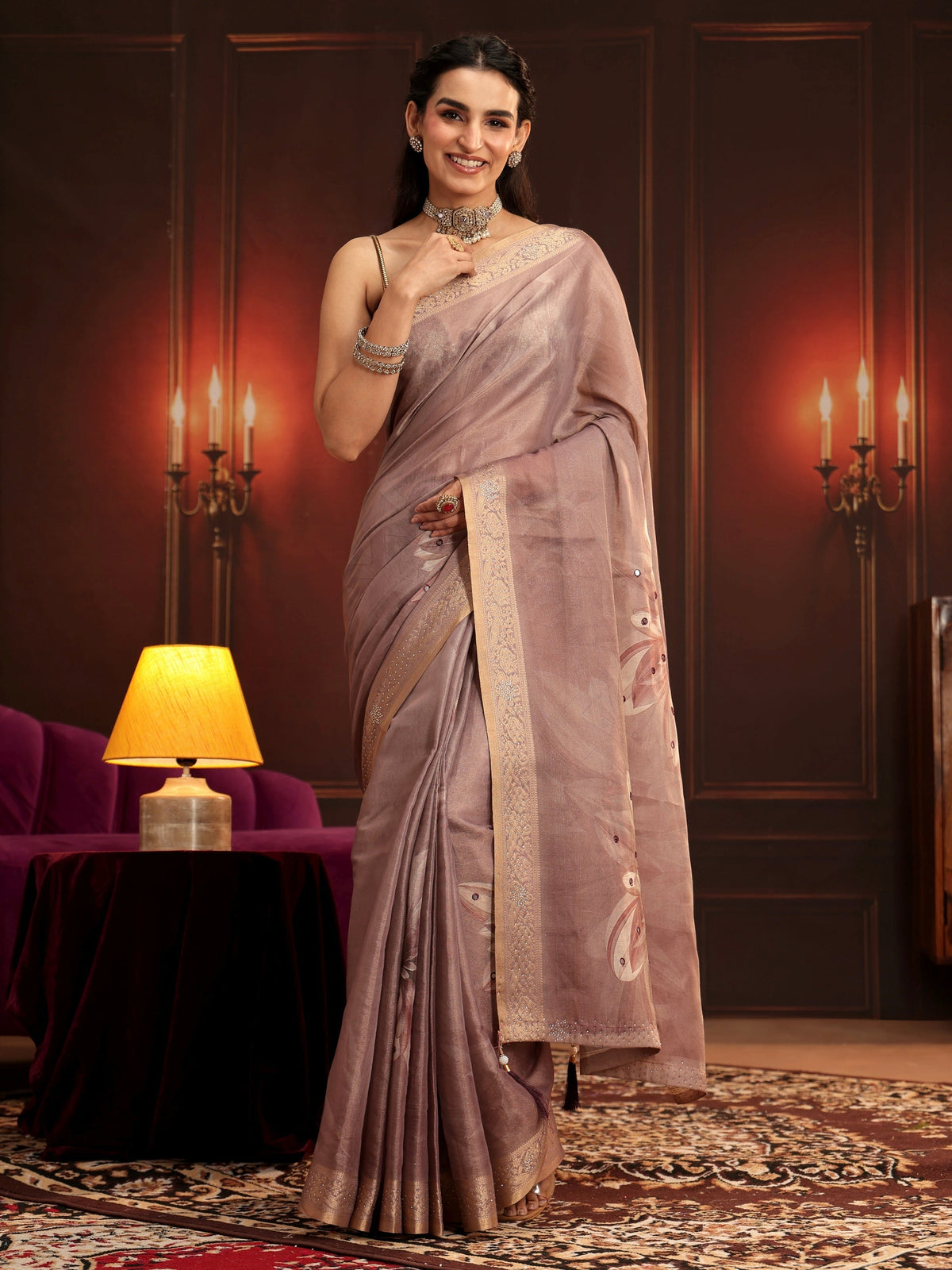 Anouk Mauve Floral Printed Silk Blend Saree