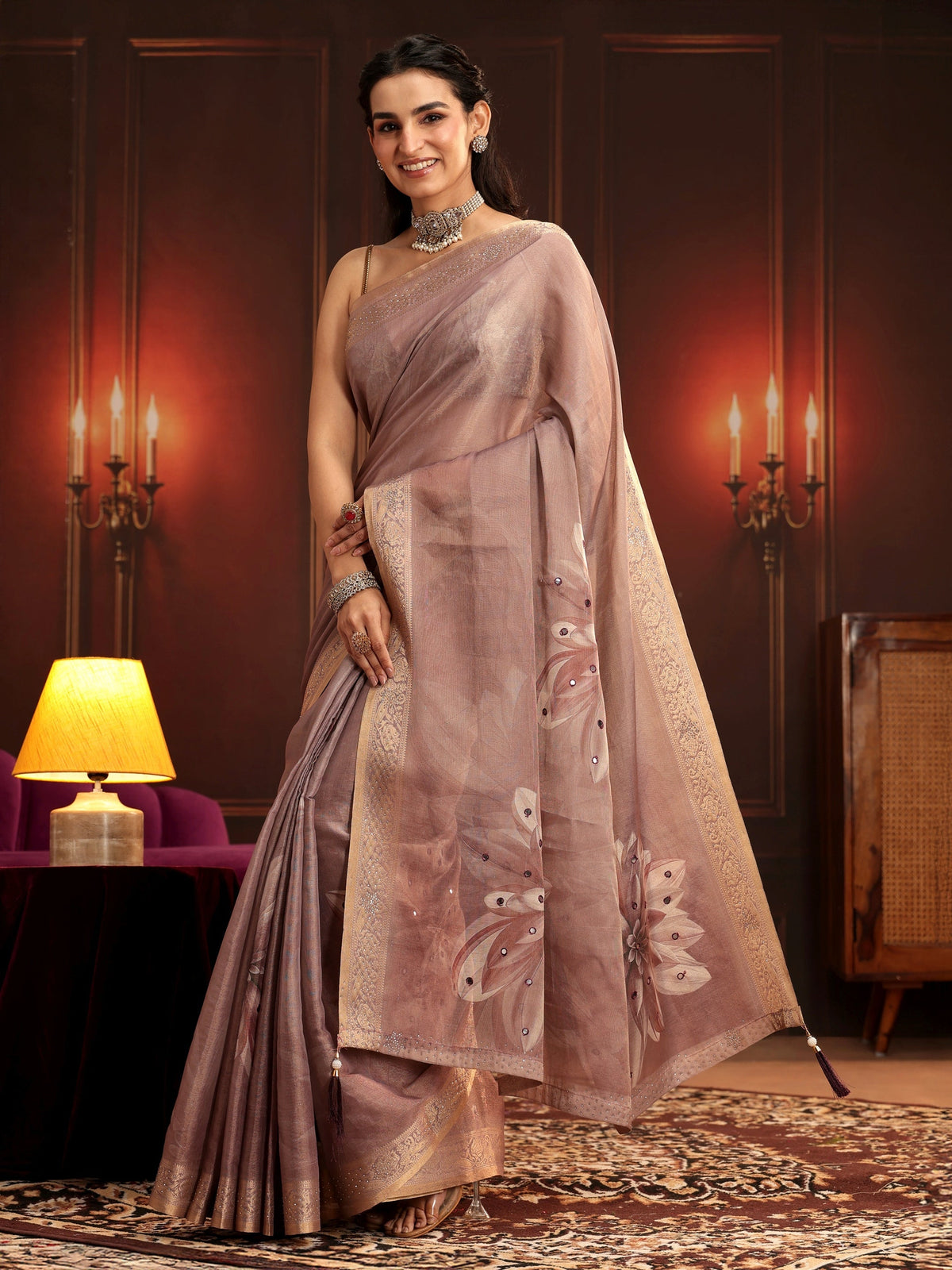 Anouk Mauve Floral Printed Silk Blend Saree