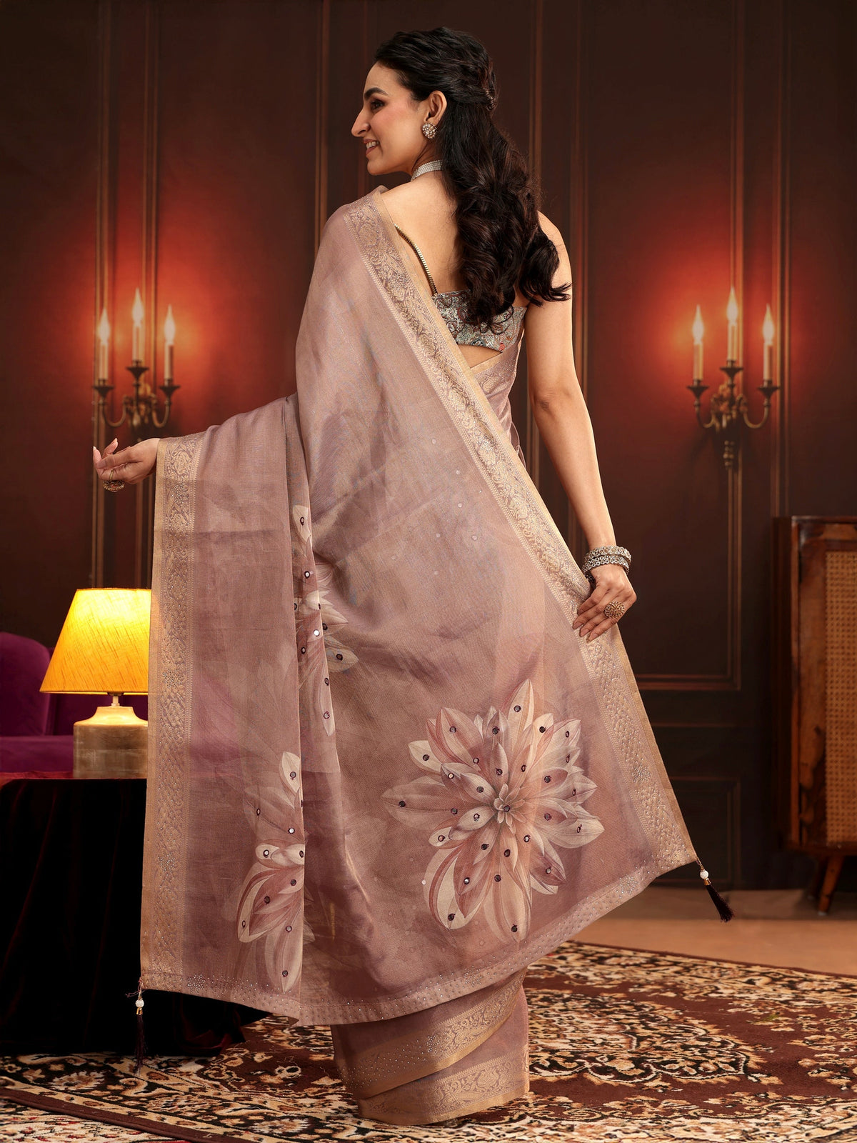 Anouk Mauve Floral Printed Silk Blend Saree