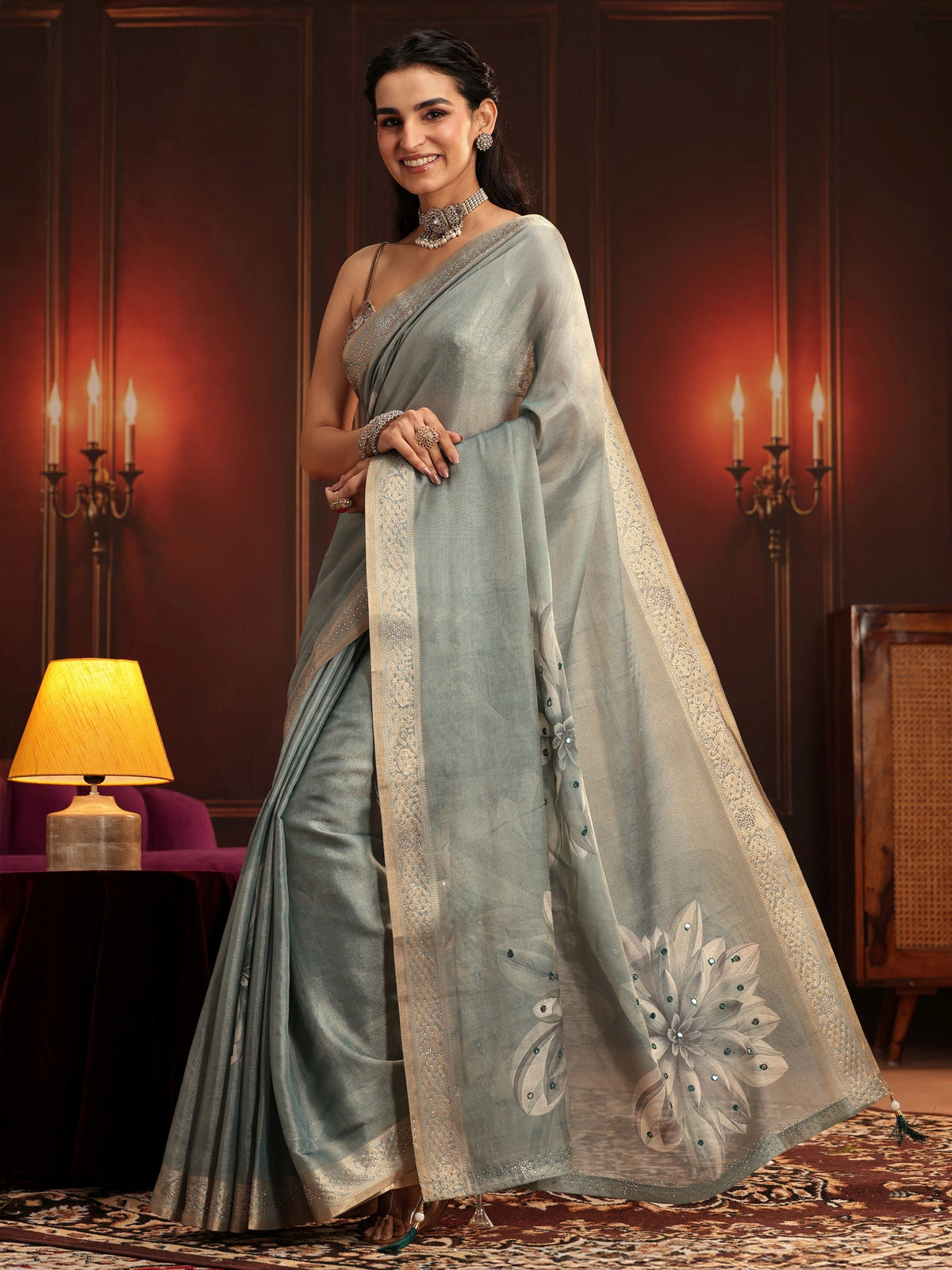Anouk Dusty Aqua Blue Floral Printed Silk Blend Saree
