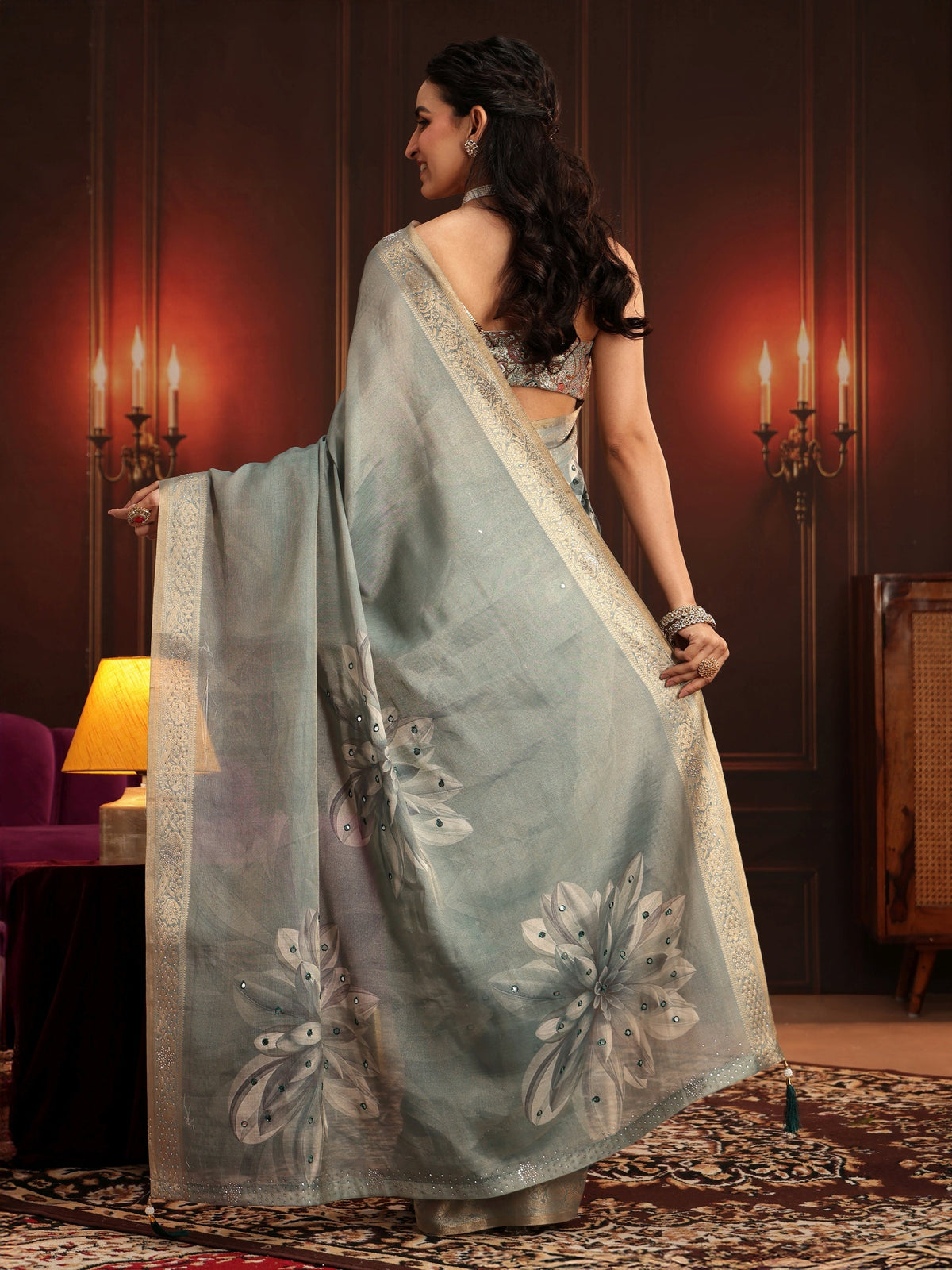 Anouk Dusty Aqua Blue Floral Printed Silk Blend Saree