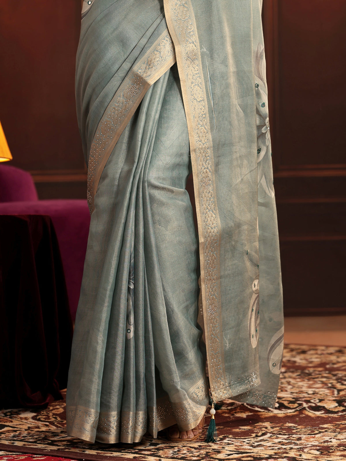 Anouk Dusty Aqua Blue Floral Printed Silk Blend Saree