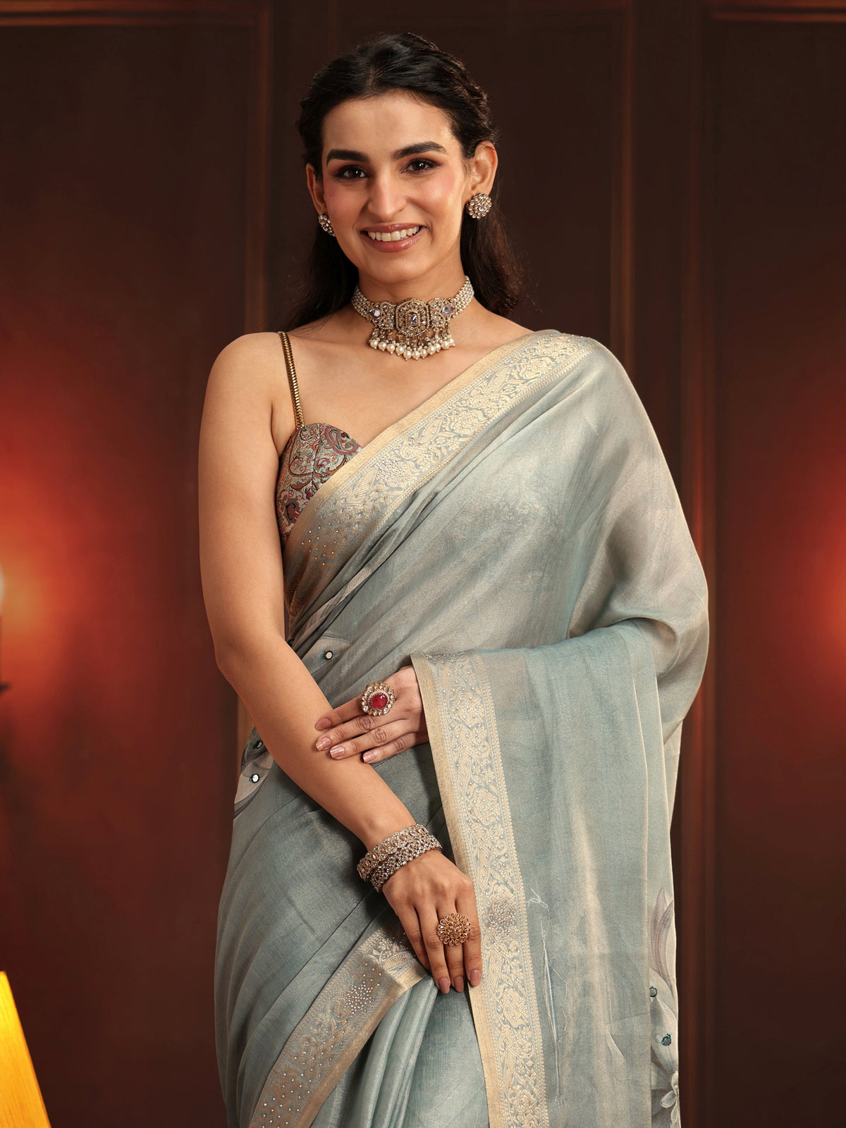 Anouk Dusty Aqua Blue Floral Printed Silk Blend Saree
